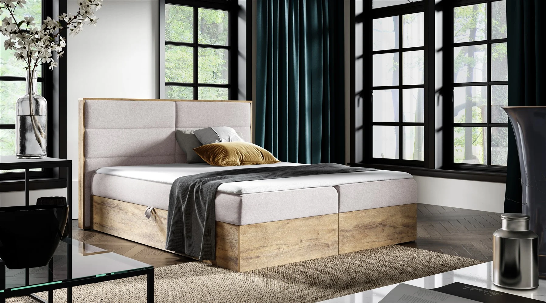 Boxspringbett Bett LAMBROS 120x200 Lancelot Eiche Stoff Hellbeige ink.Bettkasten - Fun Moebel