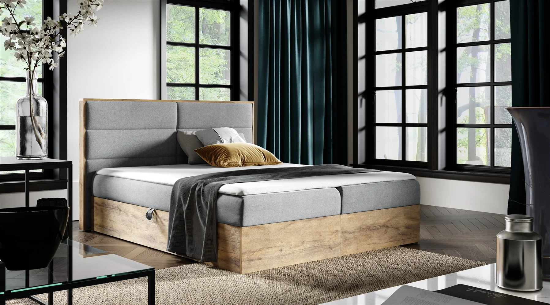 Boxspringbett Bett LAMBROS 160x200cm Lancelot Eiche Stoff Grau inkl. Bettkasten - Fun Moebel