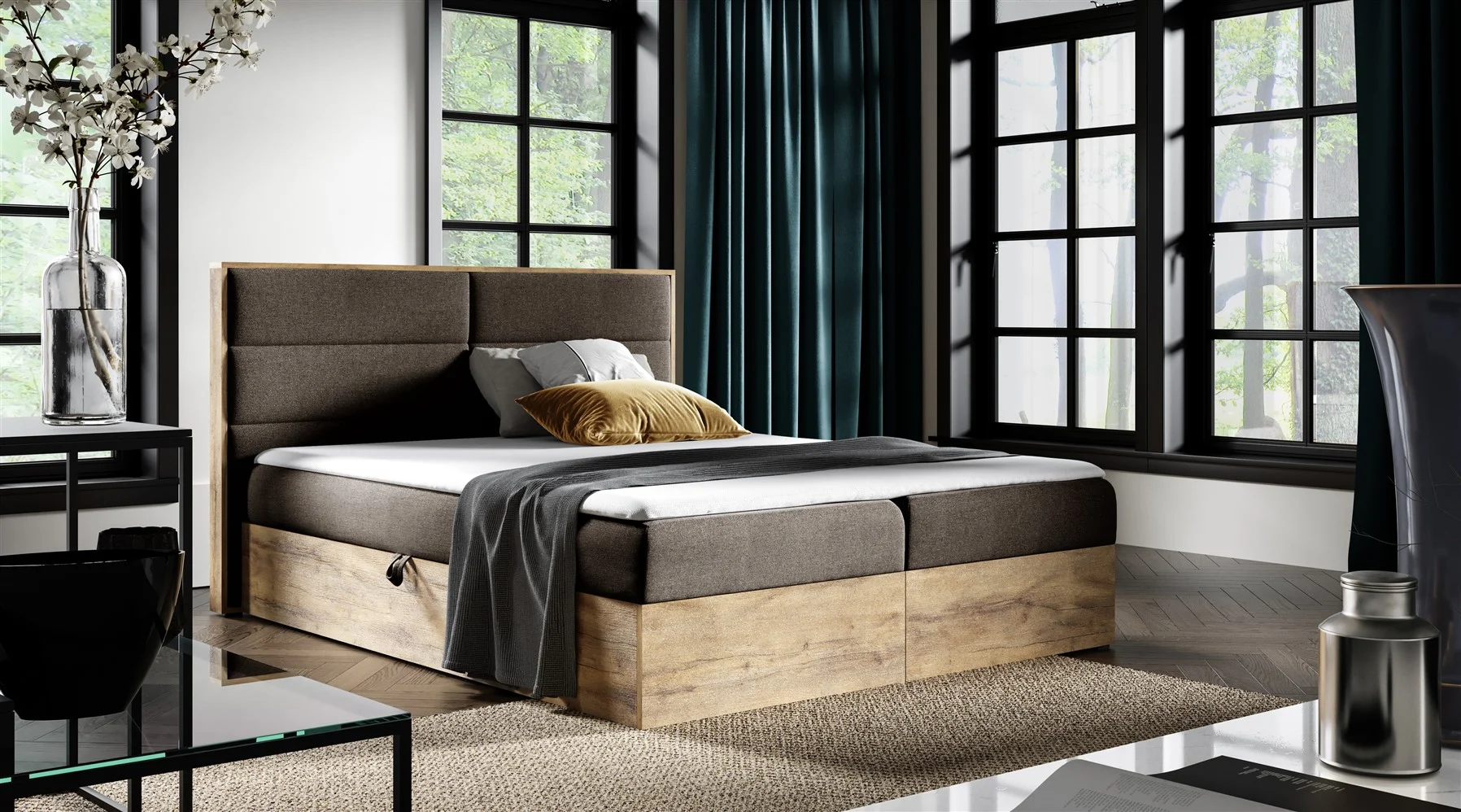 Boxspringbett Bett LAMBROS 120x200cm Lancelot Eiche Stoff Braun inkl. Bettkasten - Fun Moebel