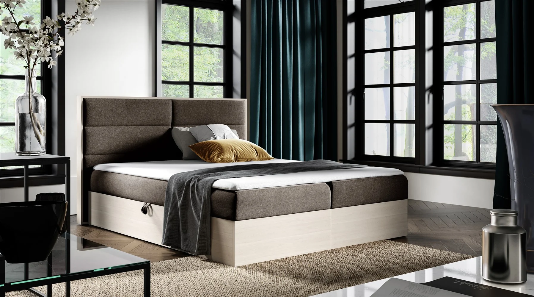 Boxspringbett Bett LAMBROS 120x200cm Nordic Teak Stoff Braun inkl. Bettkasten - Fun Moebel
