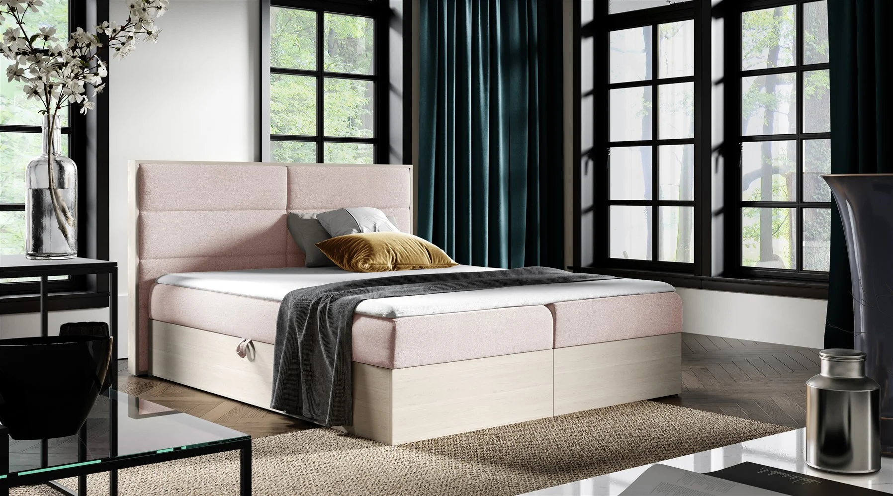 Boxspringbett Bett LAMBROS 140x200cm Nordic Teak Stoff Altrosa inkl. Bettkasten - Fun Moebel