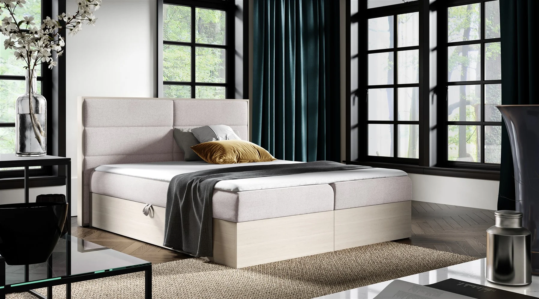 Boxspringbett Bett LAMBROS 140x200cm Nordic Teak Stoff Hellbeige inkl Bettkasten - Fun Moebel