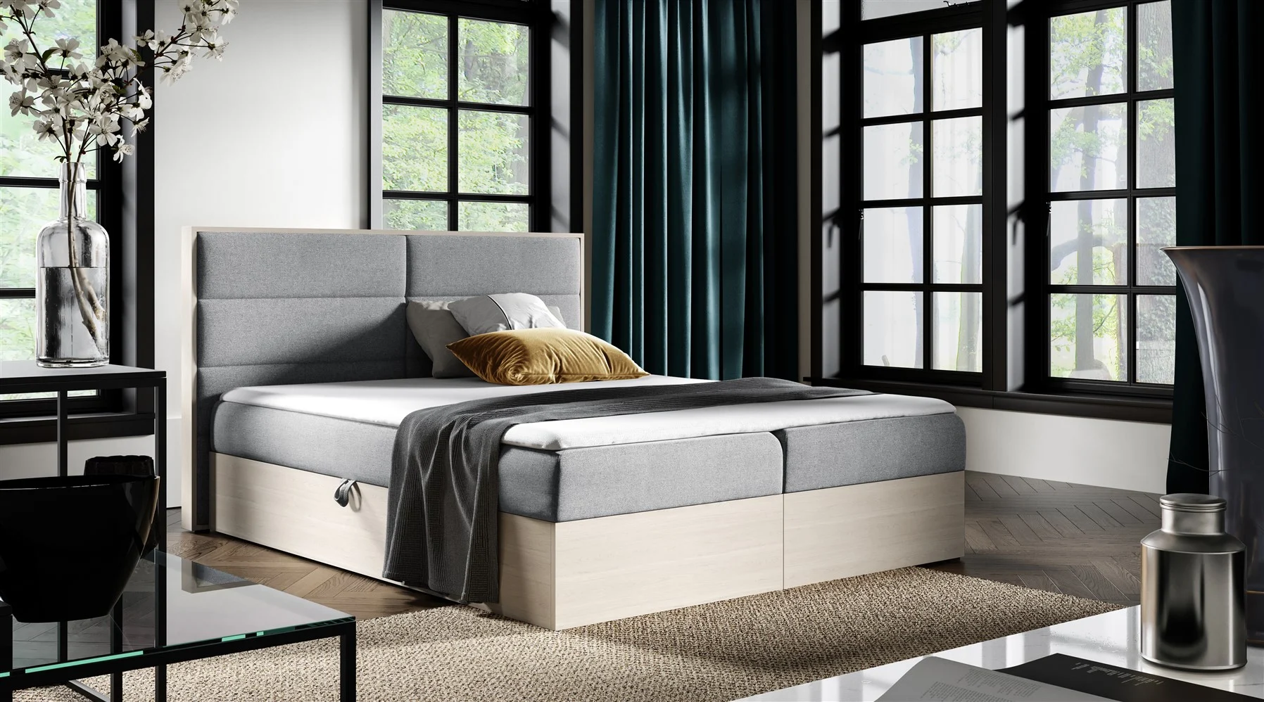 Boxspringbett Bett LAMBROS 120x200cm Nordic Teak Stoff Grau inkl. Bettkasten - Fun Moebel