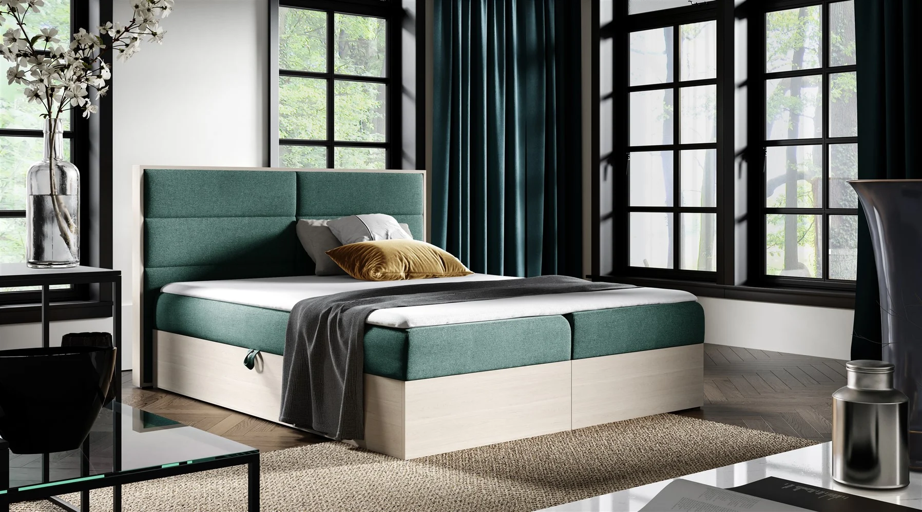 Boxspringbett Bett LAMBROS 140x200cm Nordic Teak Stoff Grün inkl. Bettkasten - Fun Moebel