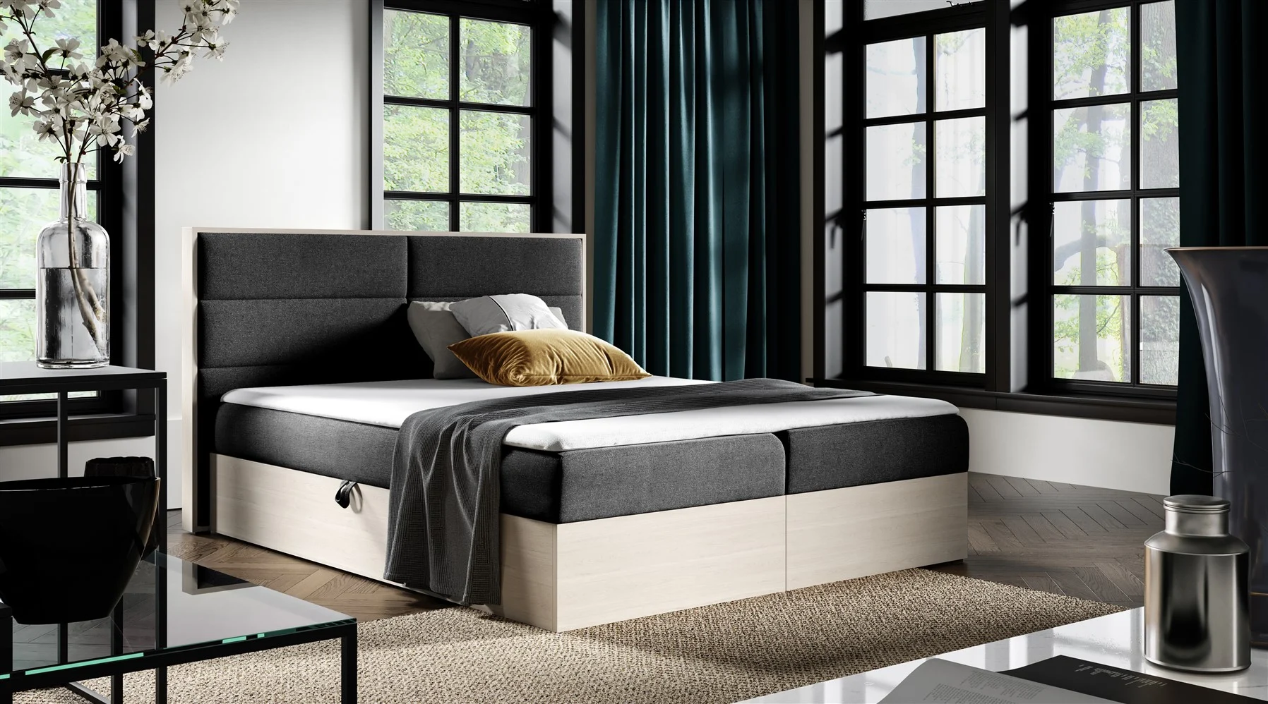 Boxspringbett Bett LAMBROS 140x200cm Nordic Teak Stoff Schwarz inkl. Bettkasten - Fun Moebel