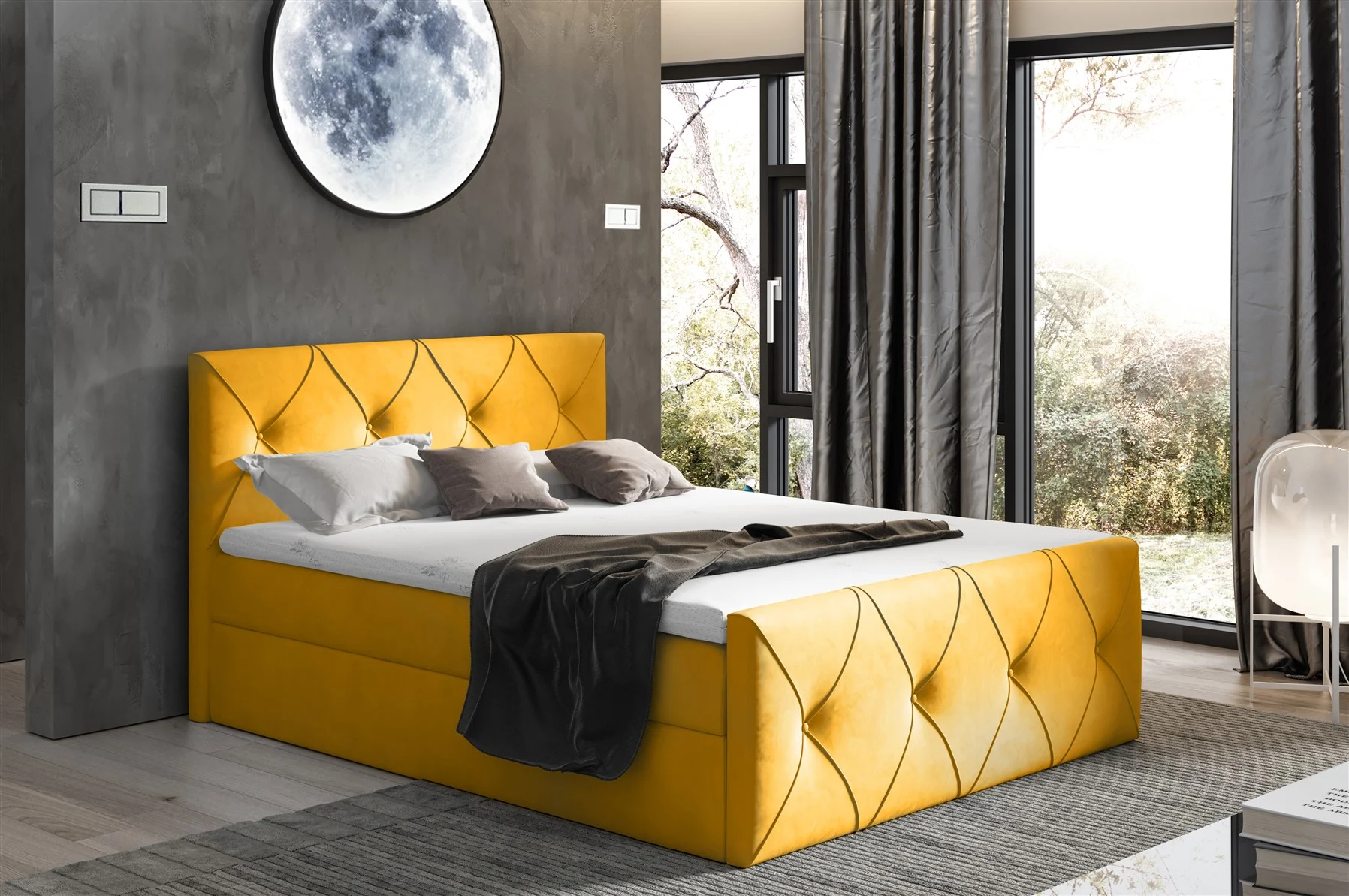 Boxspringbett Schlafzimmerbett LEWIS LUX 120x220cm in Stoff Matt Velvet Gelb - Fun Moebel