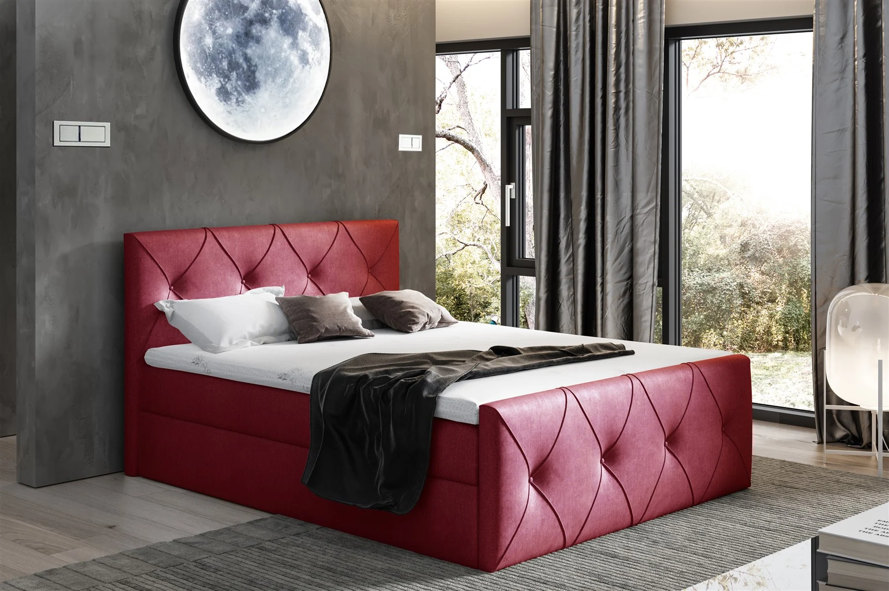 Boxspringbett Schlafzimmerbett LEWIS LUX 180x220cm in Stoff Monolith Weinrot - Fun Moebel