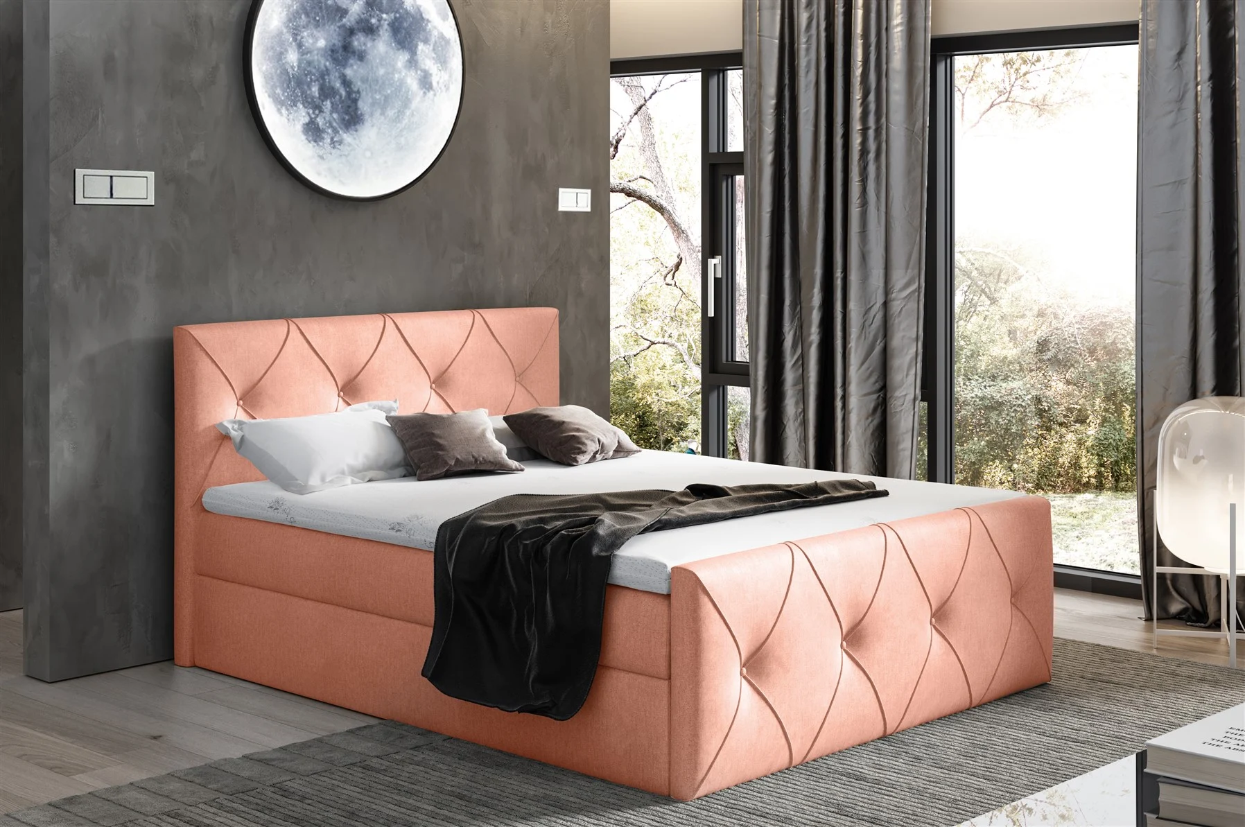 Boxspringbett Schlafzimmerbett LEWIS LUX 140x220cm in Stoff Monolith Salmon - Fun Moebel