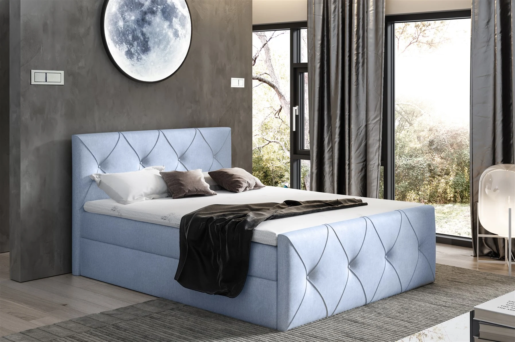 Boxspringbett Schlafzimmerbett LEWIS LUX 120x200cm in Stoff Monolith Sky - Fun Moebel