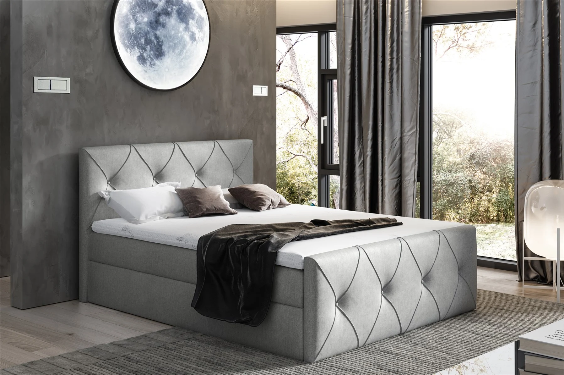Boxspringbett Schlafzimmerbett LEWIS LUX 160x220cm in Stoff Monolith Silbergrau - Fun Moebel