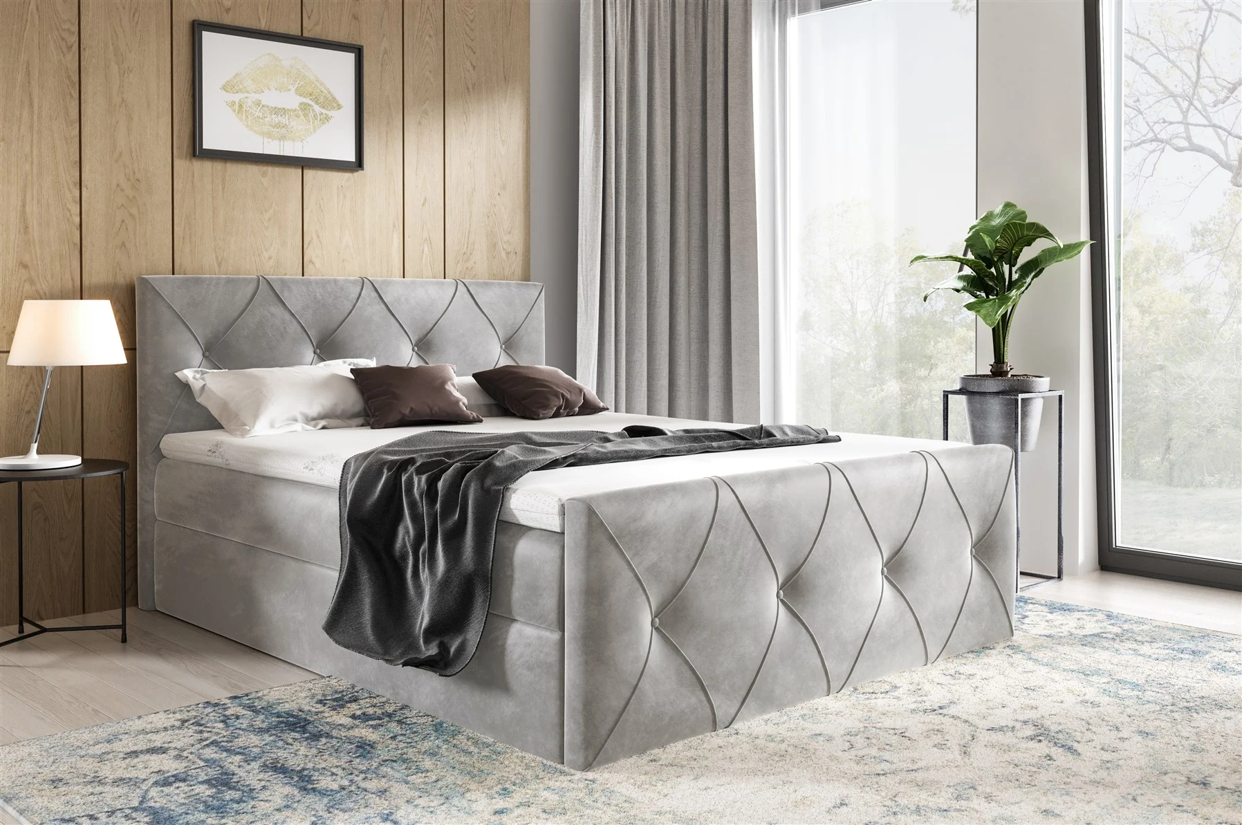 Boxspringbett Schlafzimmerbett LEWIS LUX 120x220cm in Stoff Fresh Hellgrau - Fun Moebel