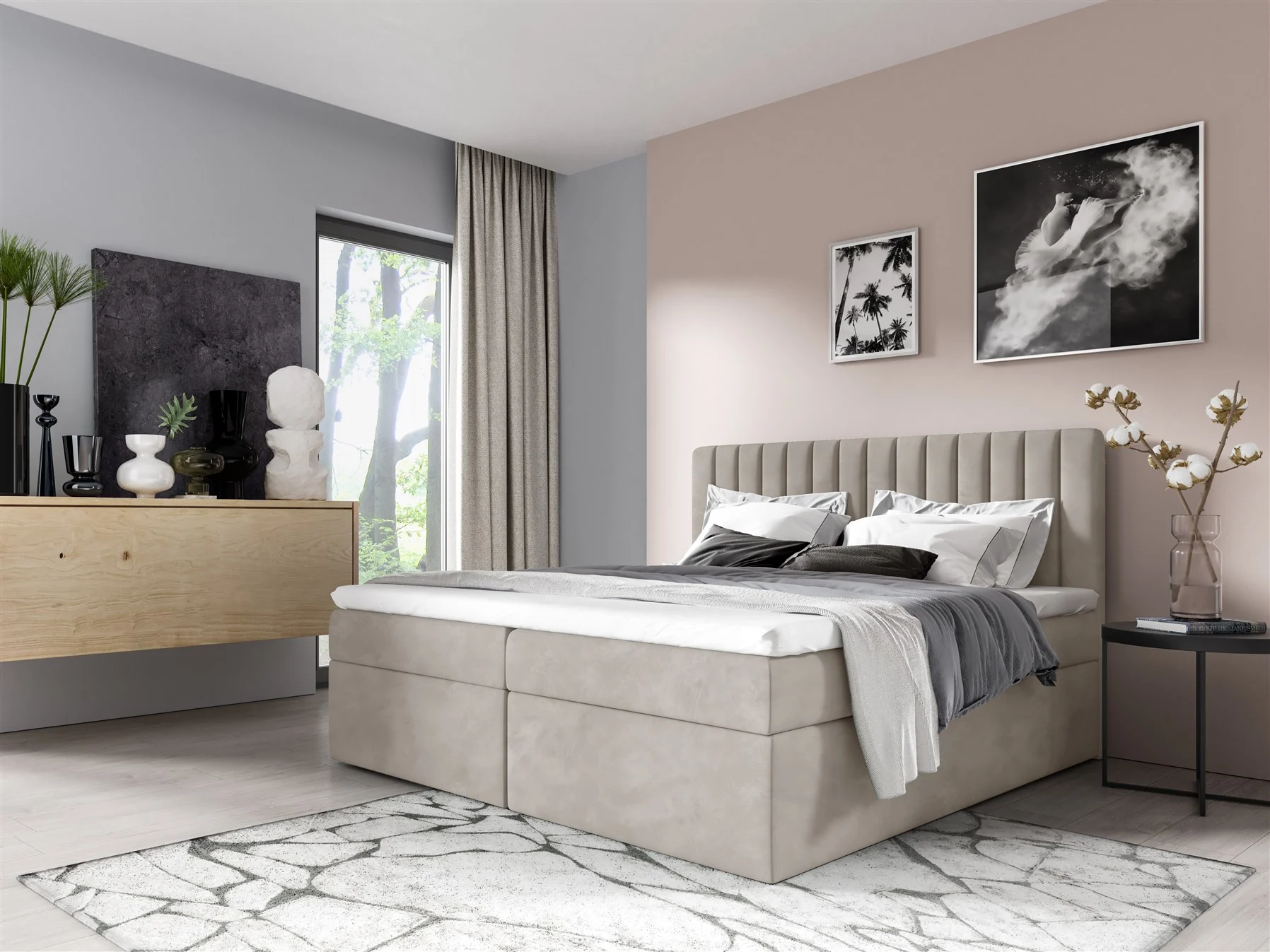 Boxspringbett Schlafzimmerbett LINNEA 120x220cm Stoff Beige inkl. Bettkasten - Fun Moebel