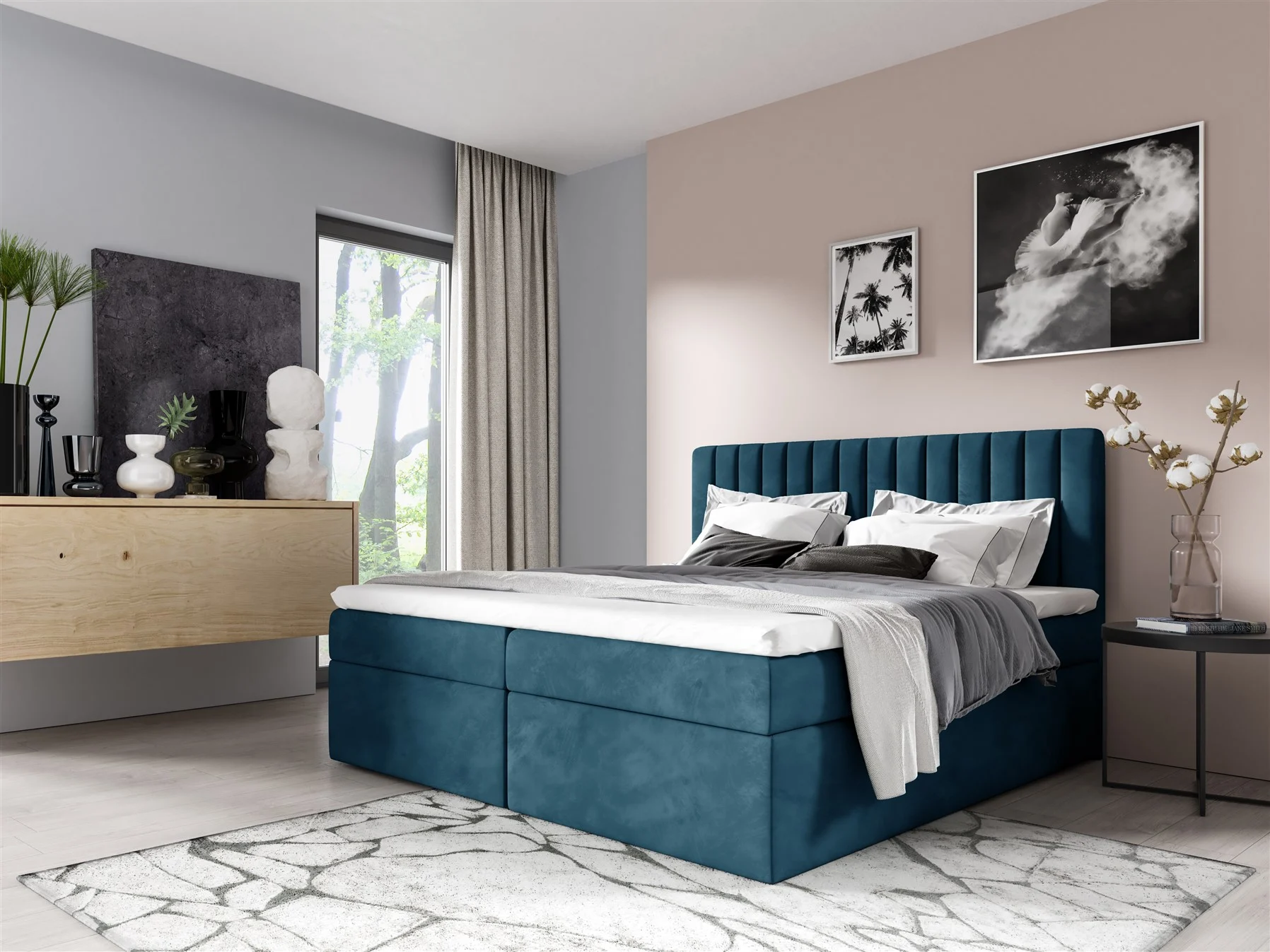 Boxspringbett Schlafzimmerbett LINNEA 140x220cm Stoff Blau inkl. Bettkasten - Fun Moebel
