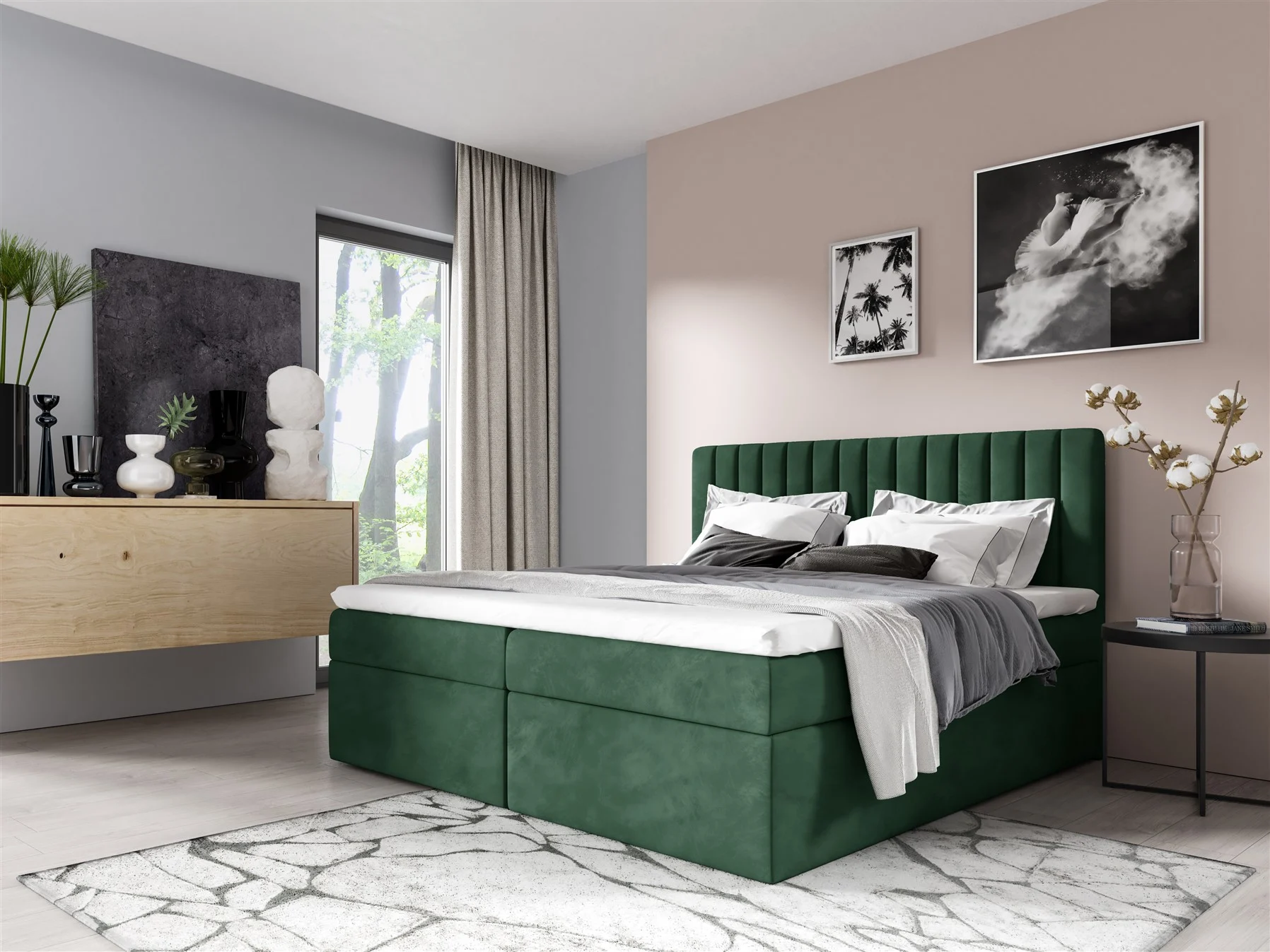 Boxspringbett Schlafzimmerbett LINNEA 140x220cm Stoff Grün inkl. Bettkasten - Fun Moebel