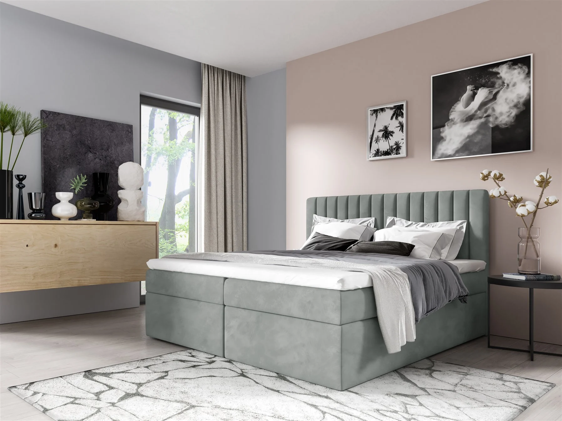 Boxspringbett Schlafzimmerbett LINNEA 200x220cm Stoff Eisblau inkl. Bettkasten - Fun Moebel