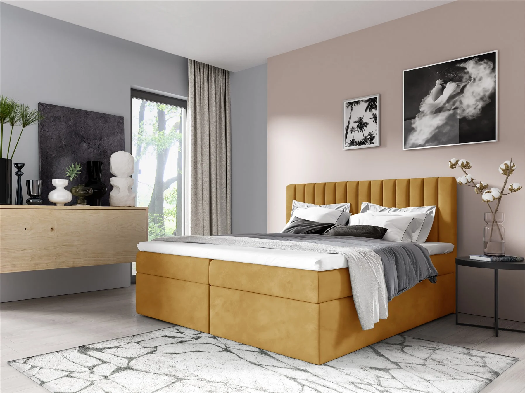 Boxspringbett Schlafzimmerbett LINNEA 140x220cm Stoff Senf inkl. Bettkasten - Fun Moebel