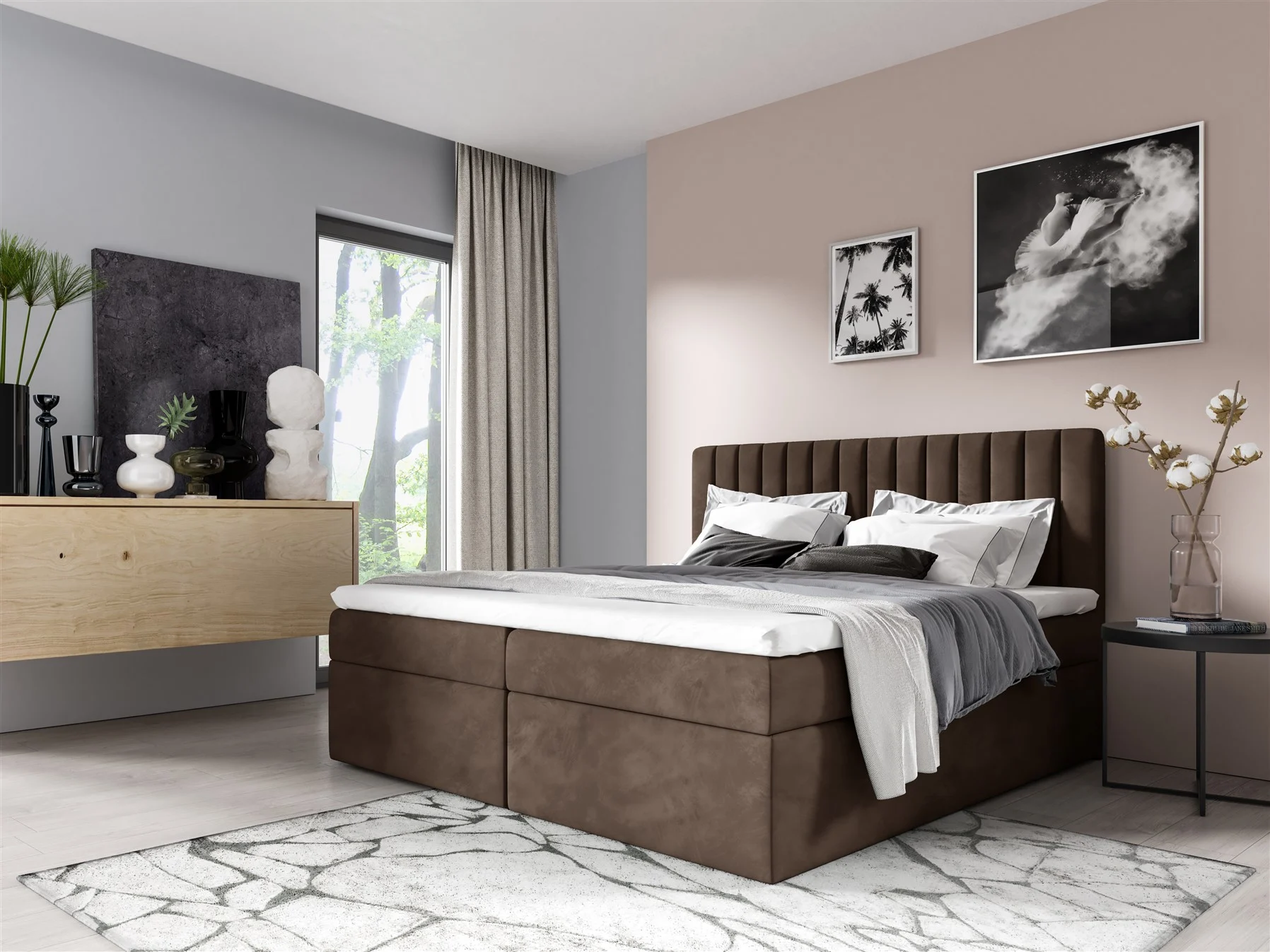 Boxspringbett Schlafzimmerbett LINNEA 140x220cm Stoff Braun inkl. Bettkasten - Fun Moebel