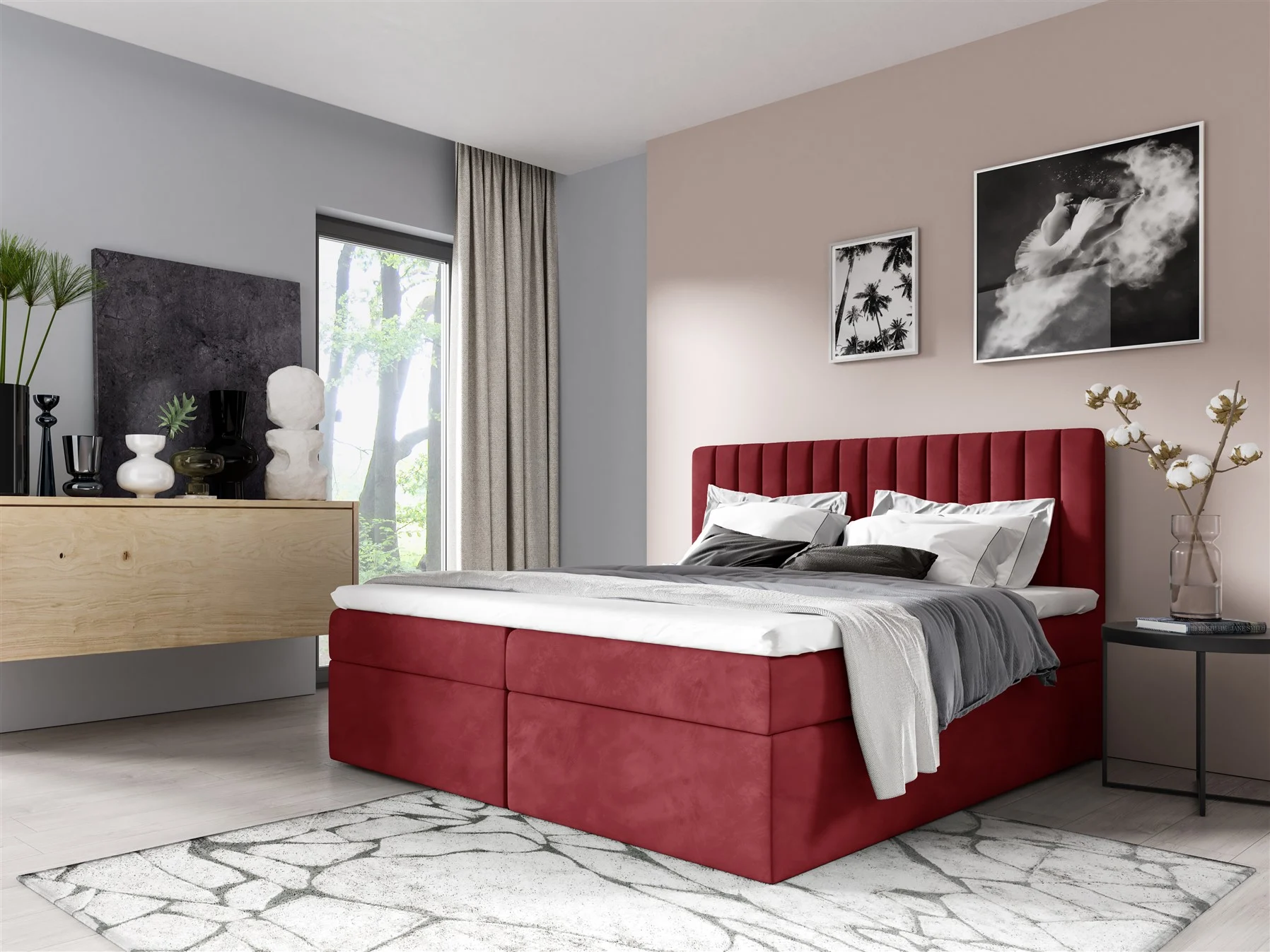 Boxspringbett Schlafzimmerbett LINNEA 120x200cm Stoff Rot inkl. Bettkasten - Fun Moebel