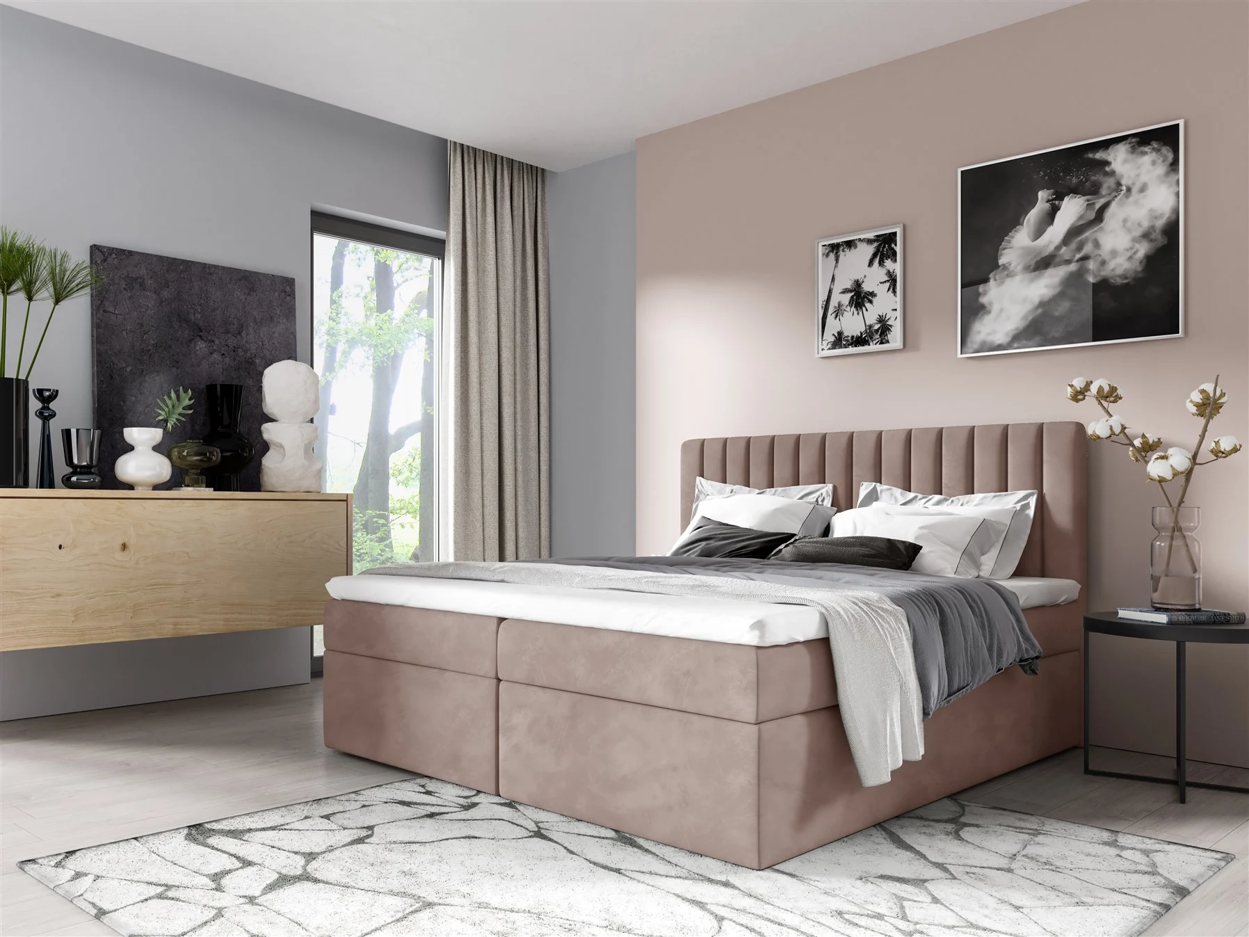 Boxspringbett Schlafzimmerbett LINNEA 180x220cm Stoff Rose inkl. Bettkasten - Fun Moebel