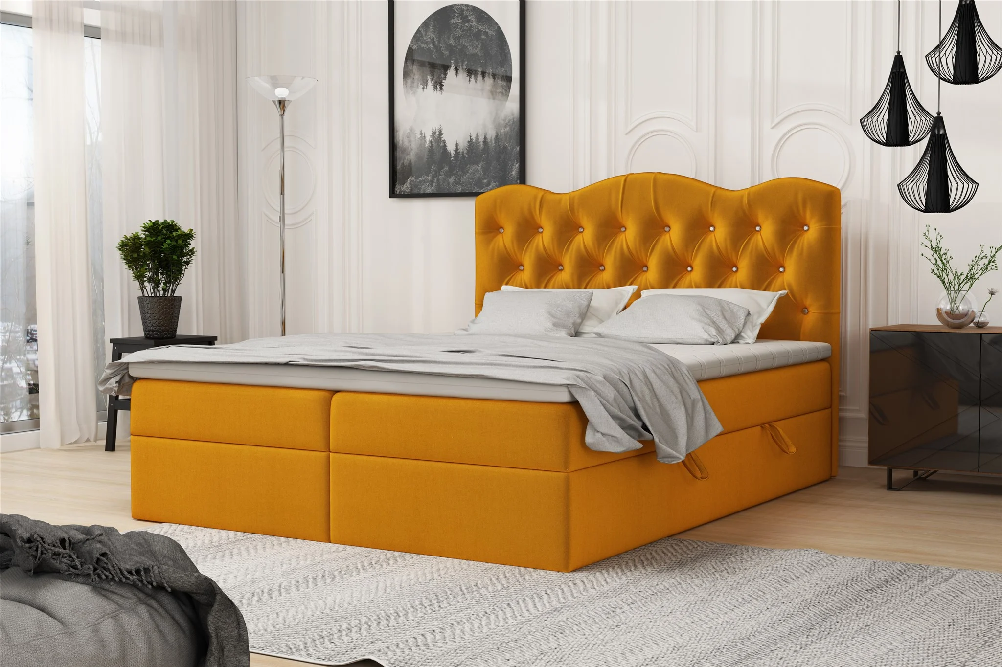 Boxspringbett Schlafzimmerbett LODOS 200x200cm Stoff Riviera Gelb - Fun Moebel