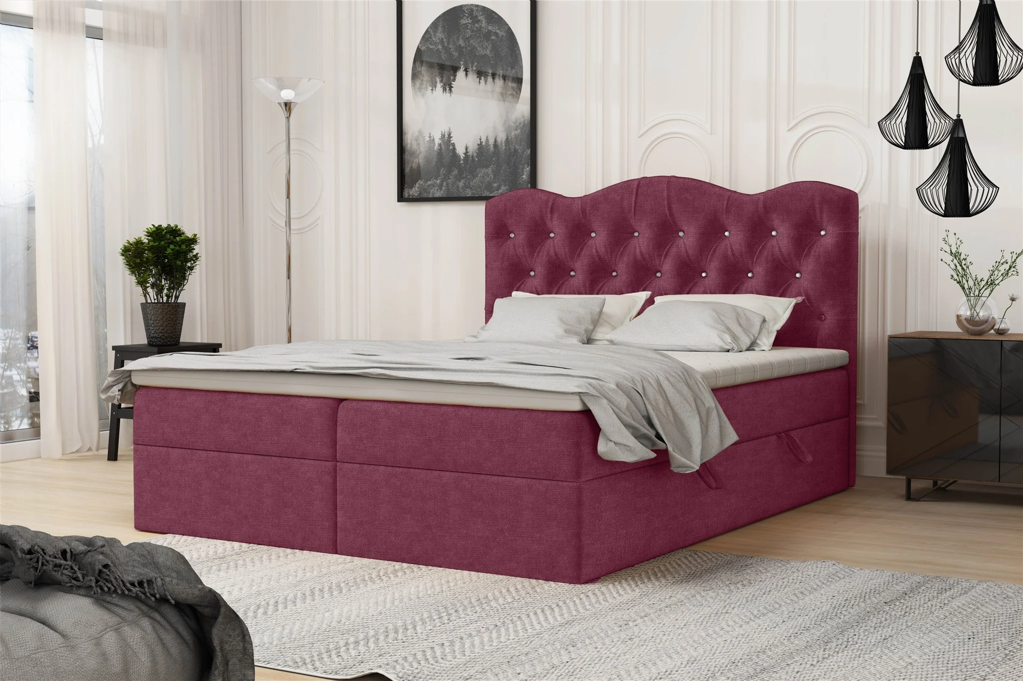 Boxspringbett Schlafzimmerbett LODOS 160x200cm Stoff Perfect Harmony Bordeaux - Fun Moebel