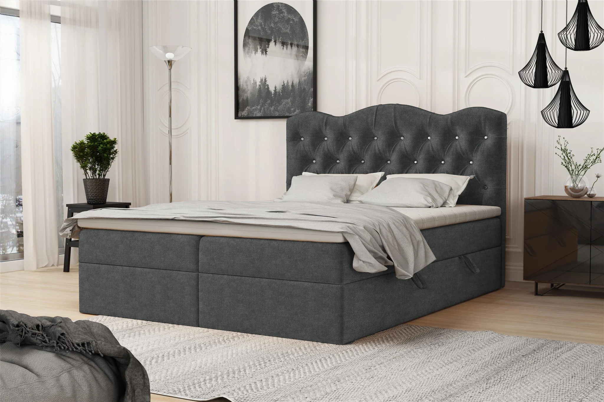 Boxspringbett Schlafzimmerbett LODOS 160x200cm Stoff Perfect Harmony Dunkelgrau - Fun Moebel