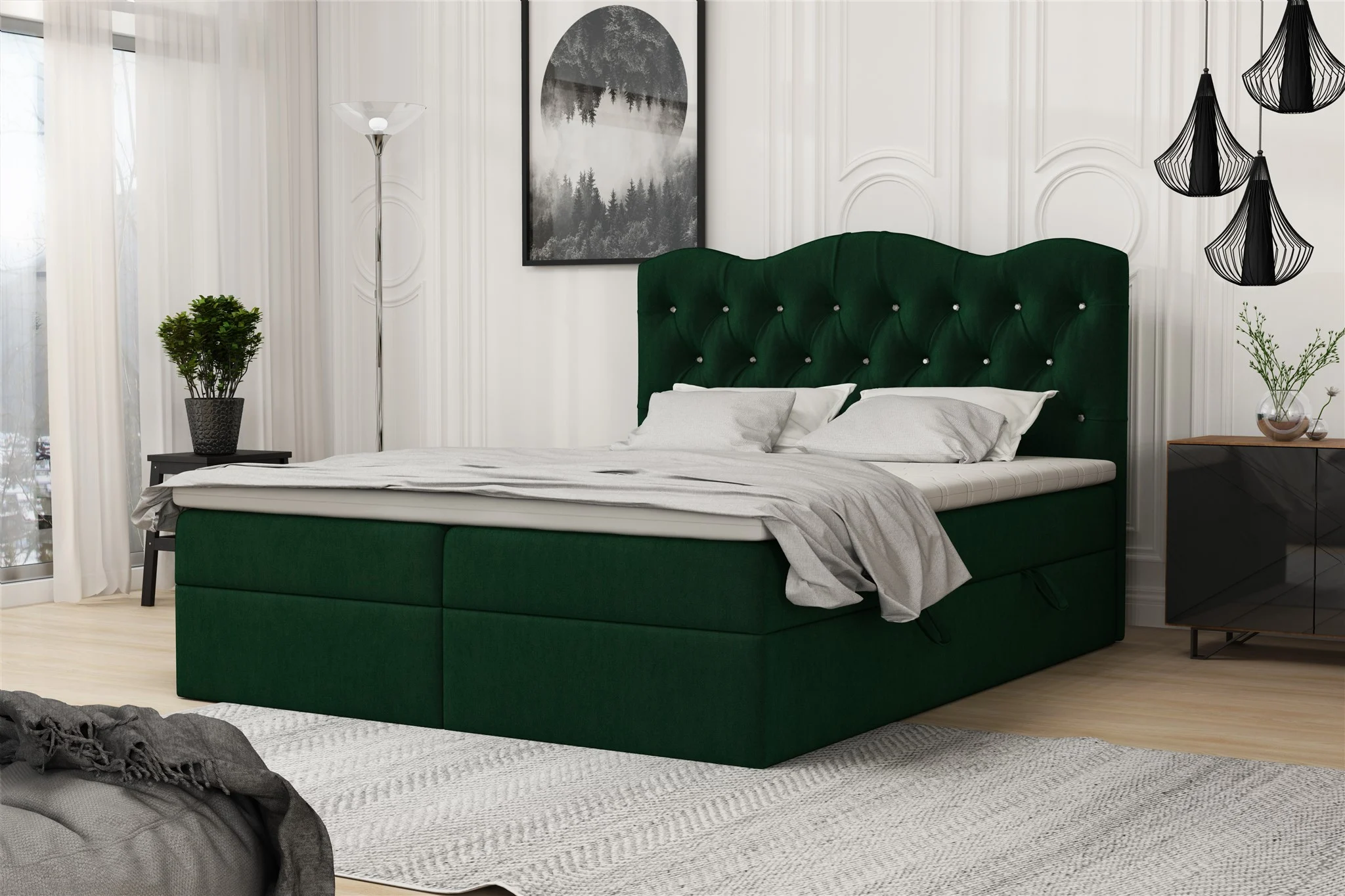 Boxspringbett Schlafzimmerbett LODOS 140x200cm Stoff Riviera Grün - Fun Moebel