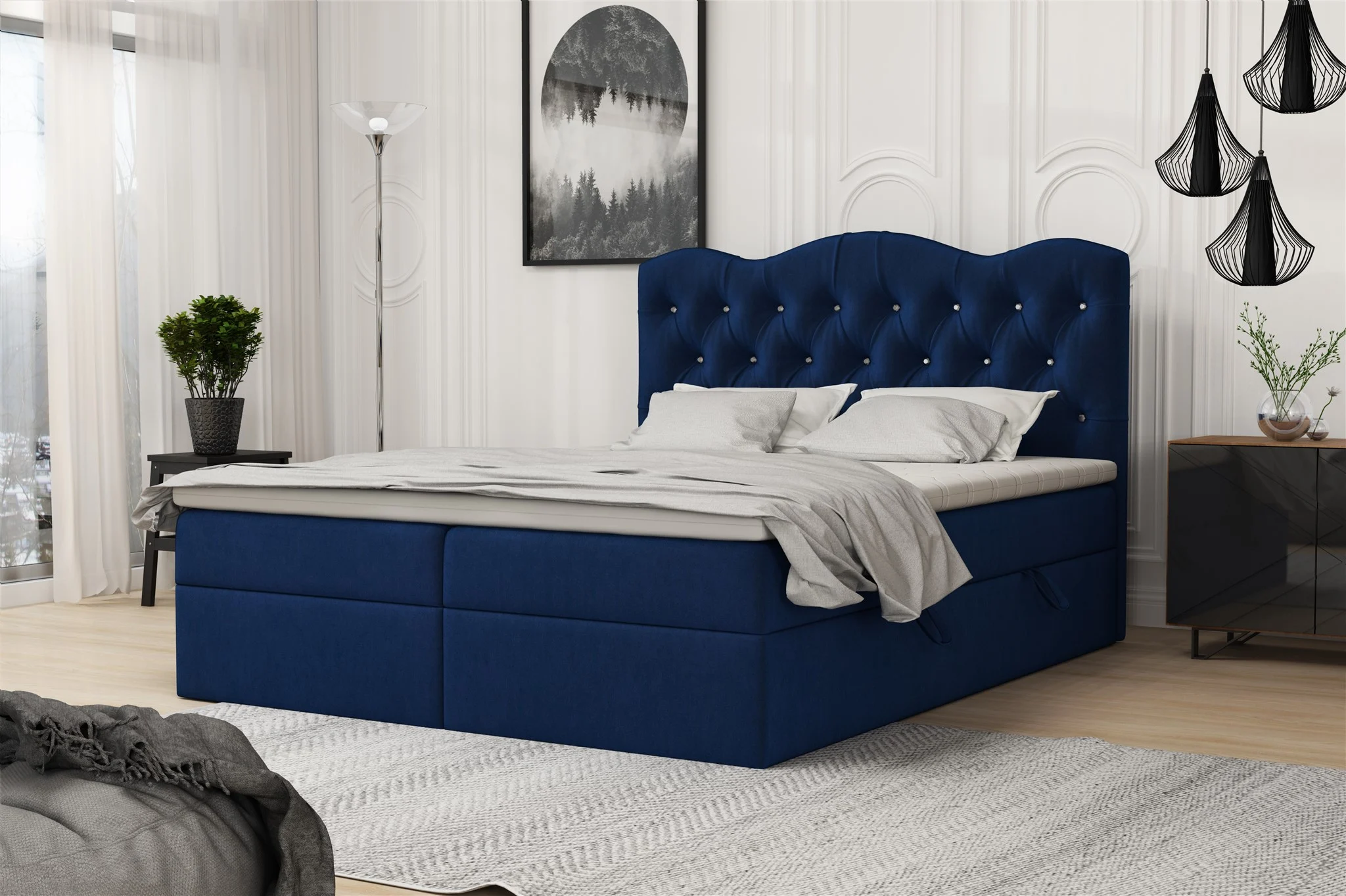 Boxspringbett Schlafzimmerbett LODOS 160x200cm Stoff Riviera Blau - Fun Moebel