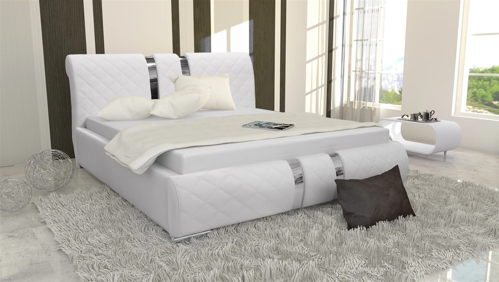 Polsterbett Doppelbett LOGAN Komplettset Kunstleder Weiss 140x200cm - Fun Möbel