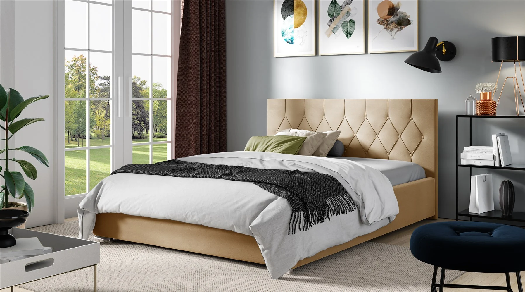Polsterbett Schlafzimmerbett LORENA 120x200cm Standard in Stoff Alova Senfgelb - Fun Möbel
