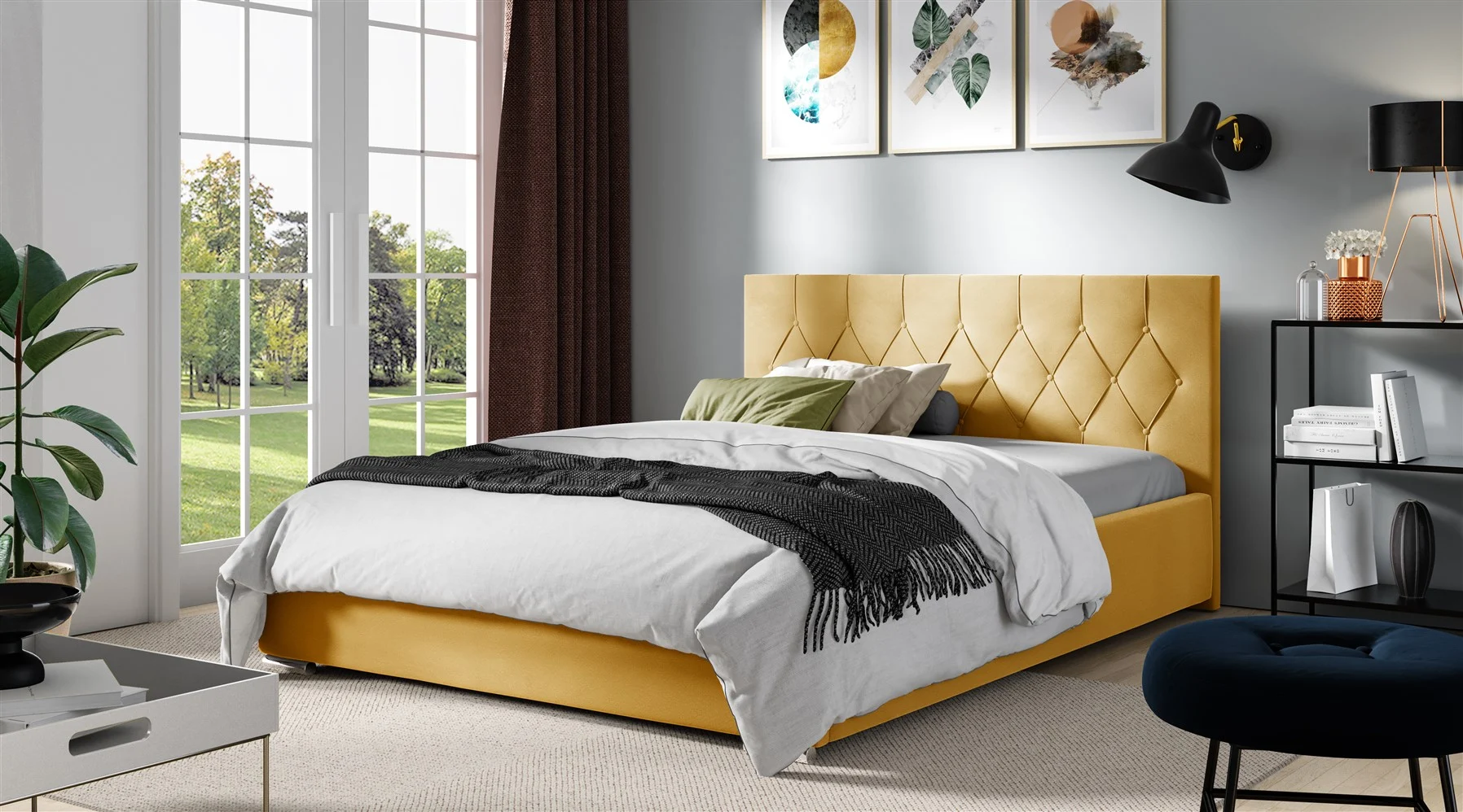 Polsterbett Schlafzimmerbett LORENA 120x200cm Standard in Stoff Alova Gelb - Fun Möbel