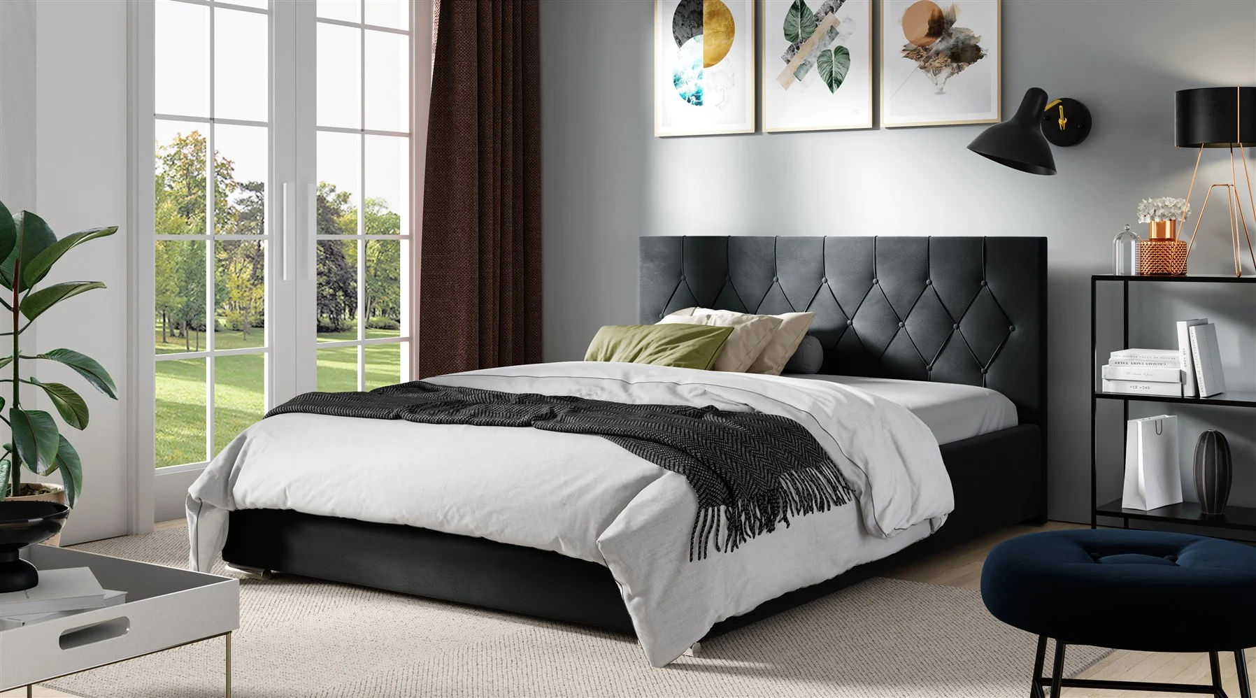 Polsterbett Schlafzimmerbett LORENA 140x200cm Standard in Stoff Alova Schwarz - Fun Möbel