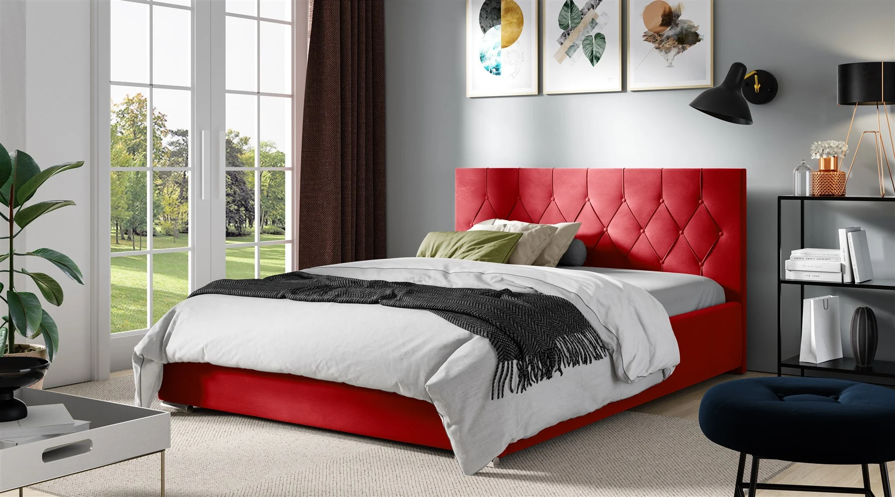 Polsterbett Schlafzimmerbett LORENA 140x200cm Standard in Stoff Alova Rot - Fun Möbel