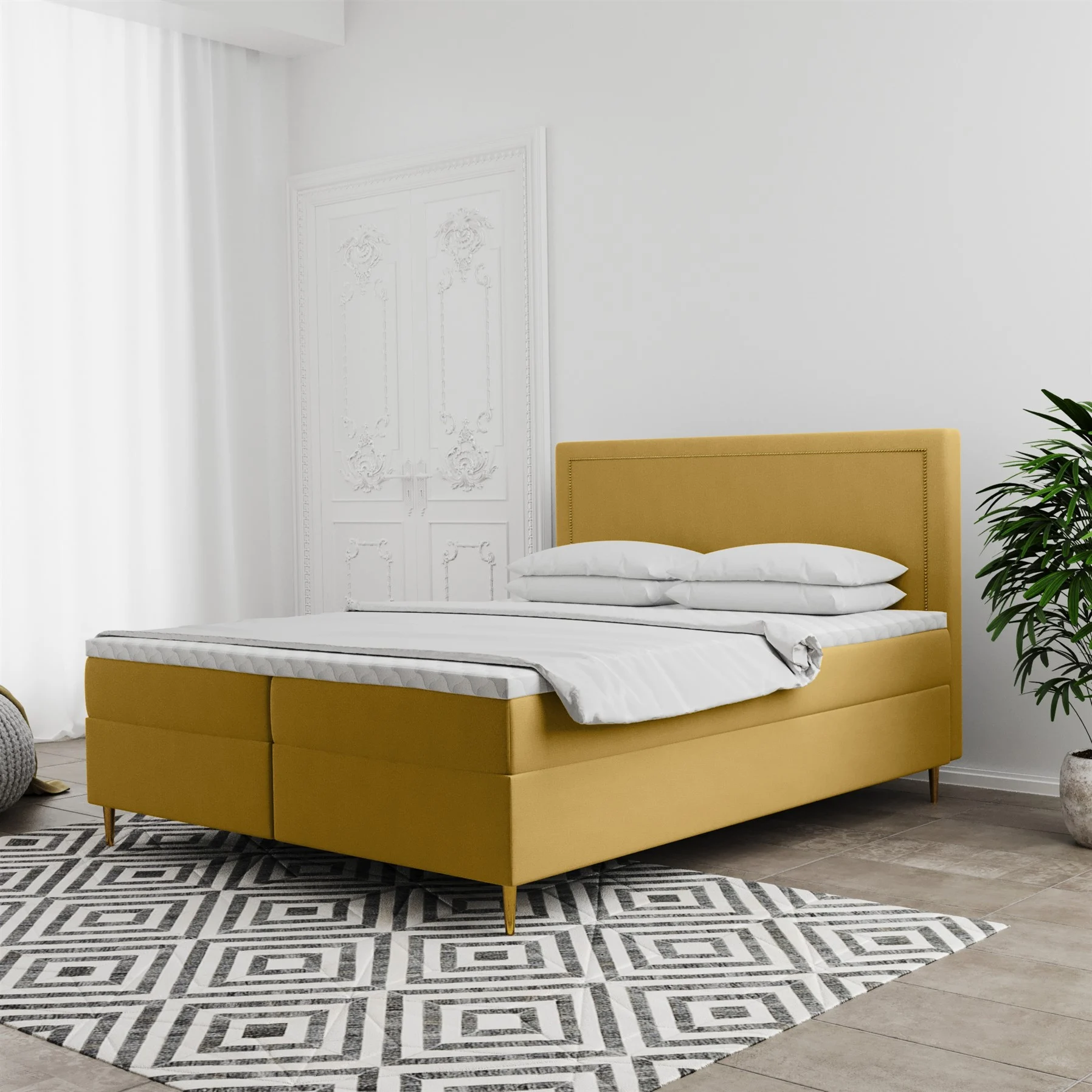 Boxspringbett Schlafzimmerbett LUCIEN 140x220cm in Stoff Soro Gelb - Fun Moebel