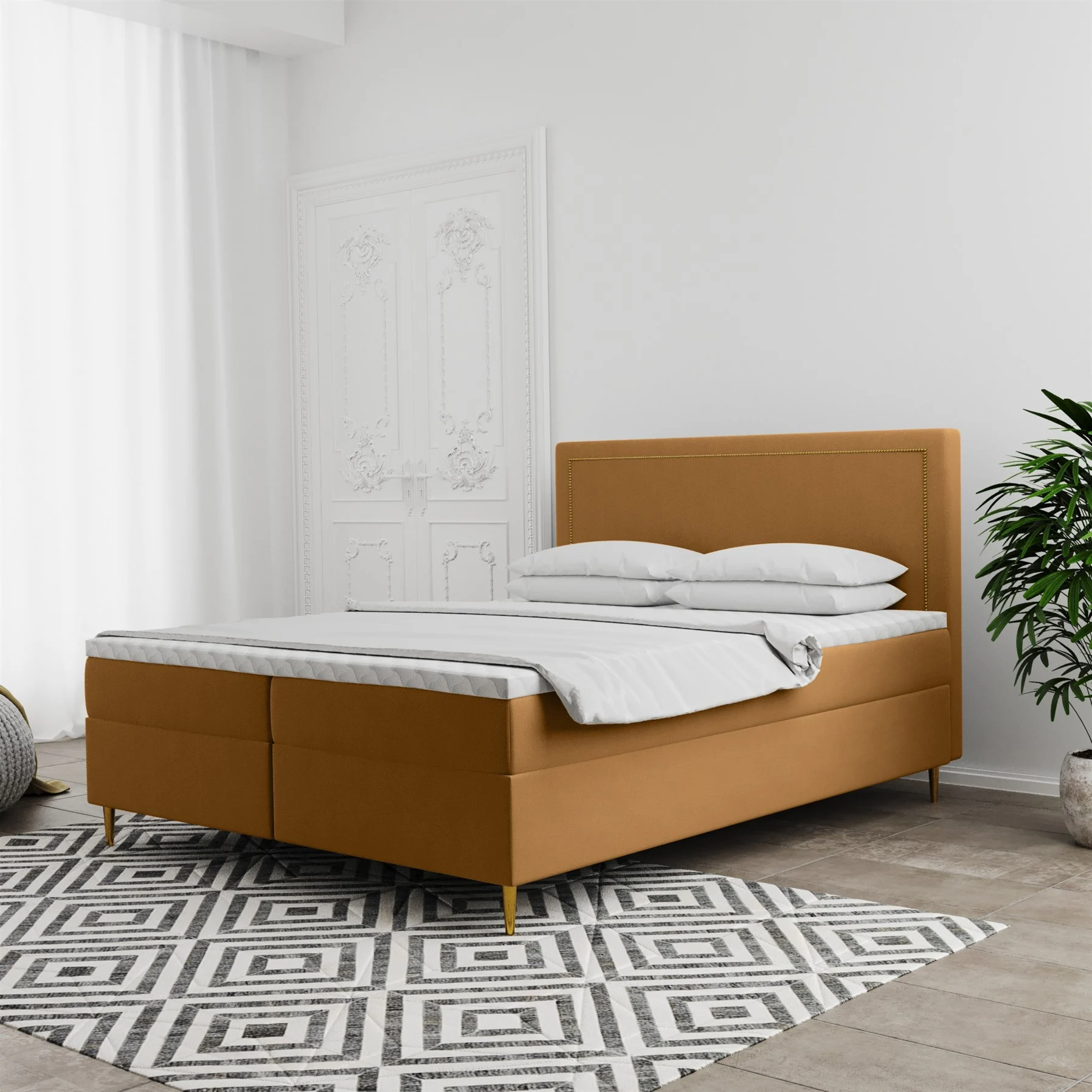 Boxspringbett Schlafzimmerbett LUCIEN 140x220cm in Stoff Soro Senf - Fun Moebel