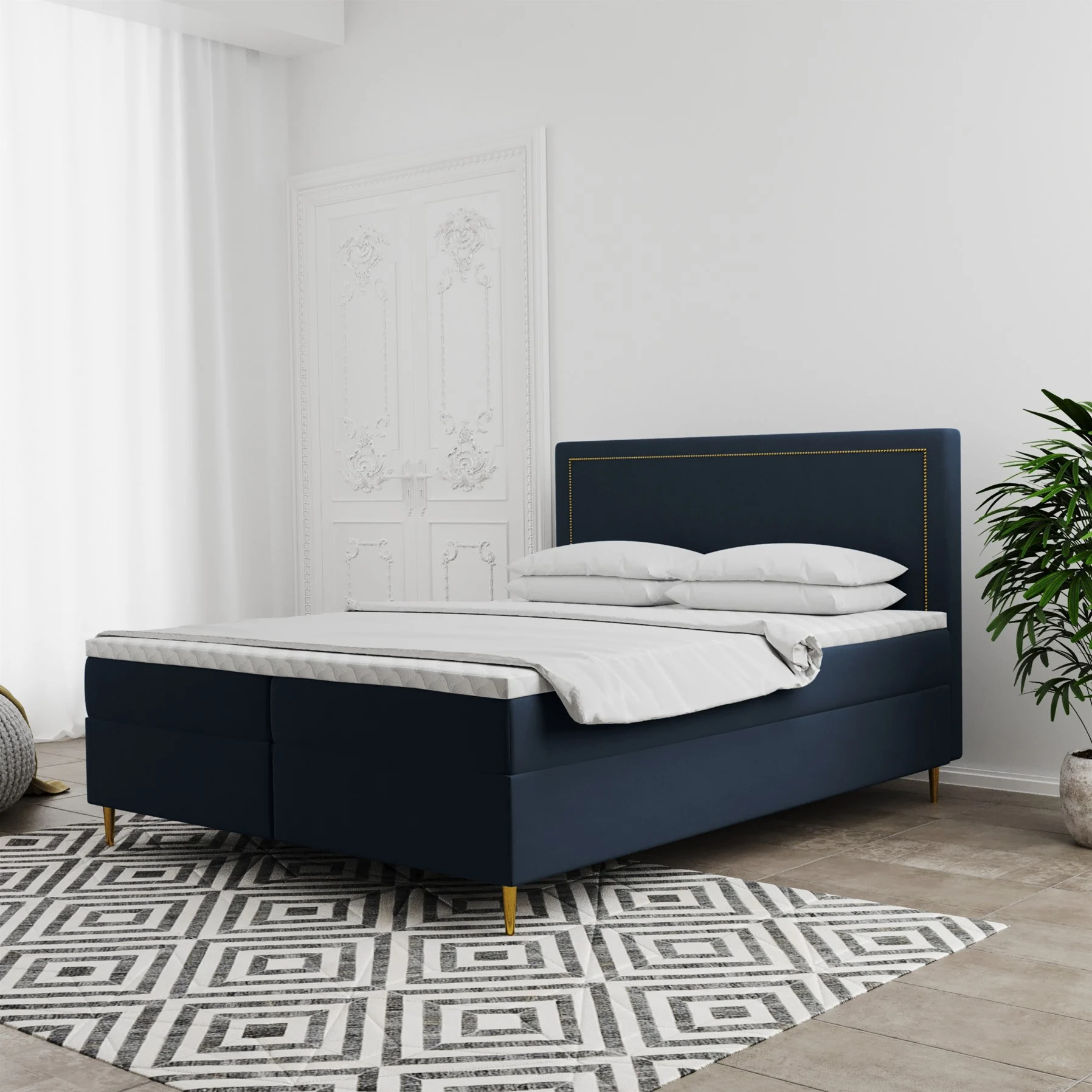 Boxspringbett Schlafzimmerbett LUCIEN 120x220cm in Stoff Soro Dunkelblau - Fun Moebel
