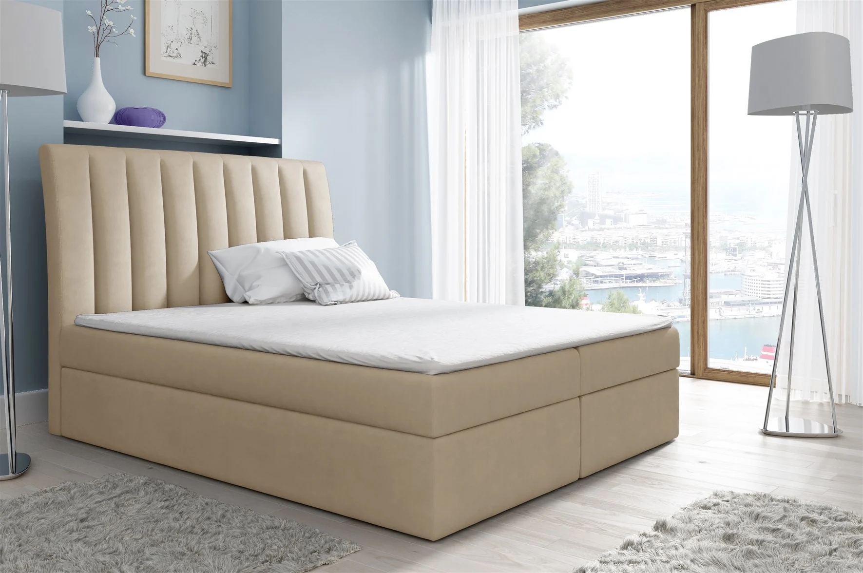 Boxspringbett Schlafzimmerbett MALENA 180x200cm Stoff Beige - Fun Moebel