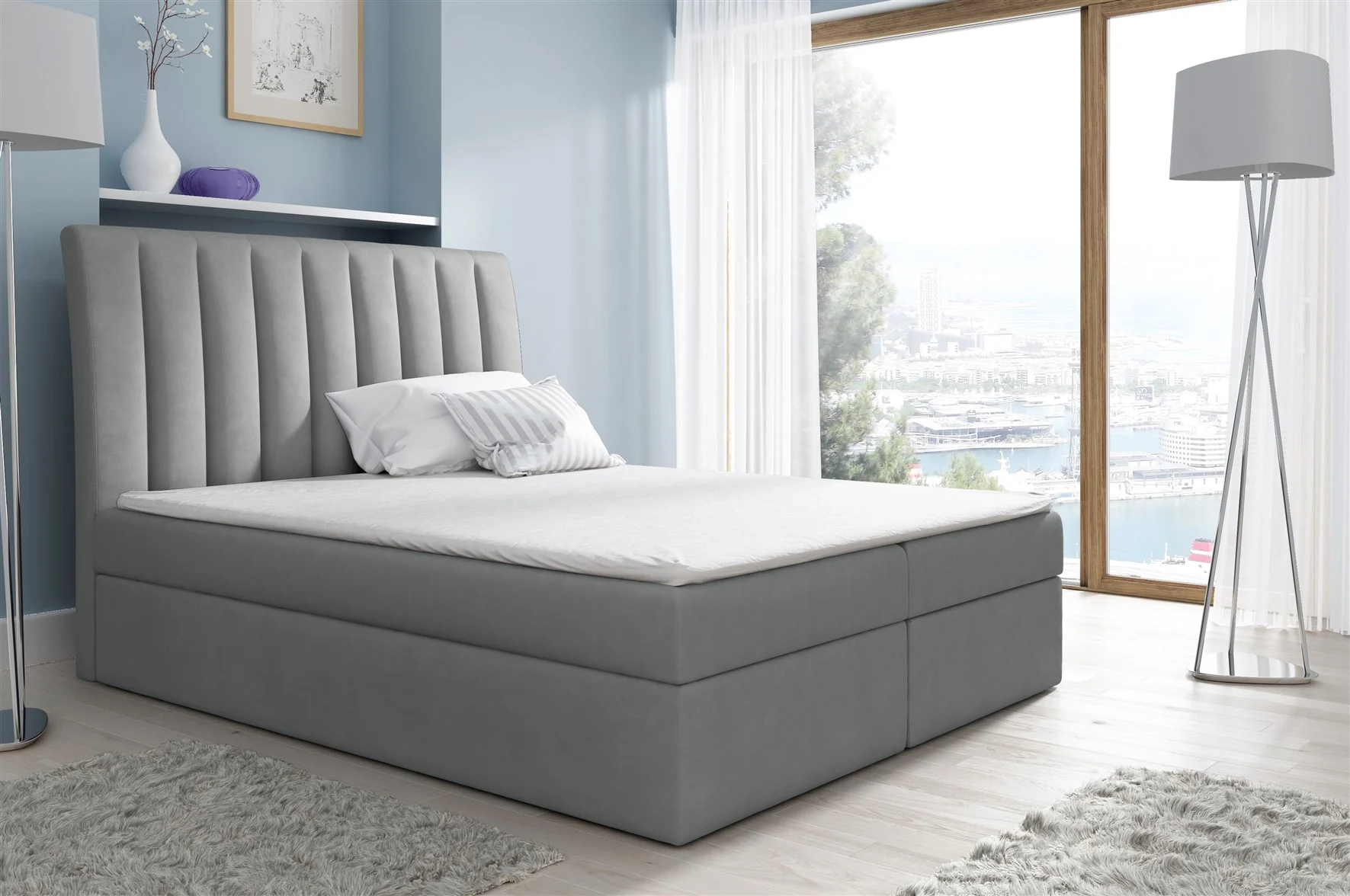 Boxspringbett Schlafzimmerbett MALENA 200x200cm Stoff Grau - Fun Moebel