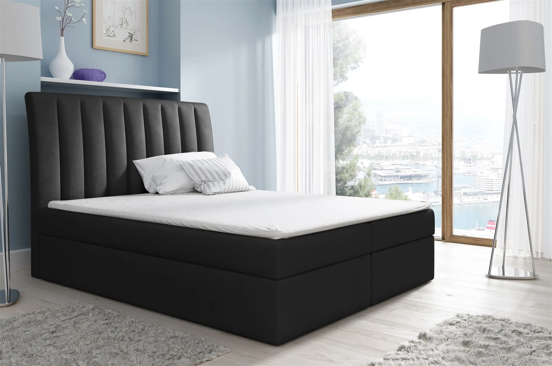 Boxspringbett Schlafzimmerbett MALENA 180x200cm Stoff Schwarz - Fun Moebel