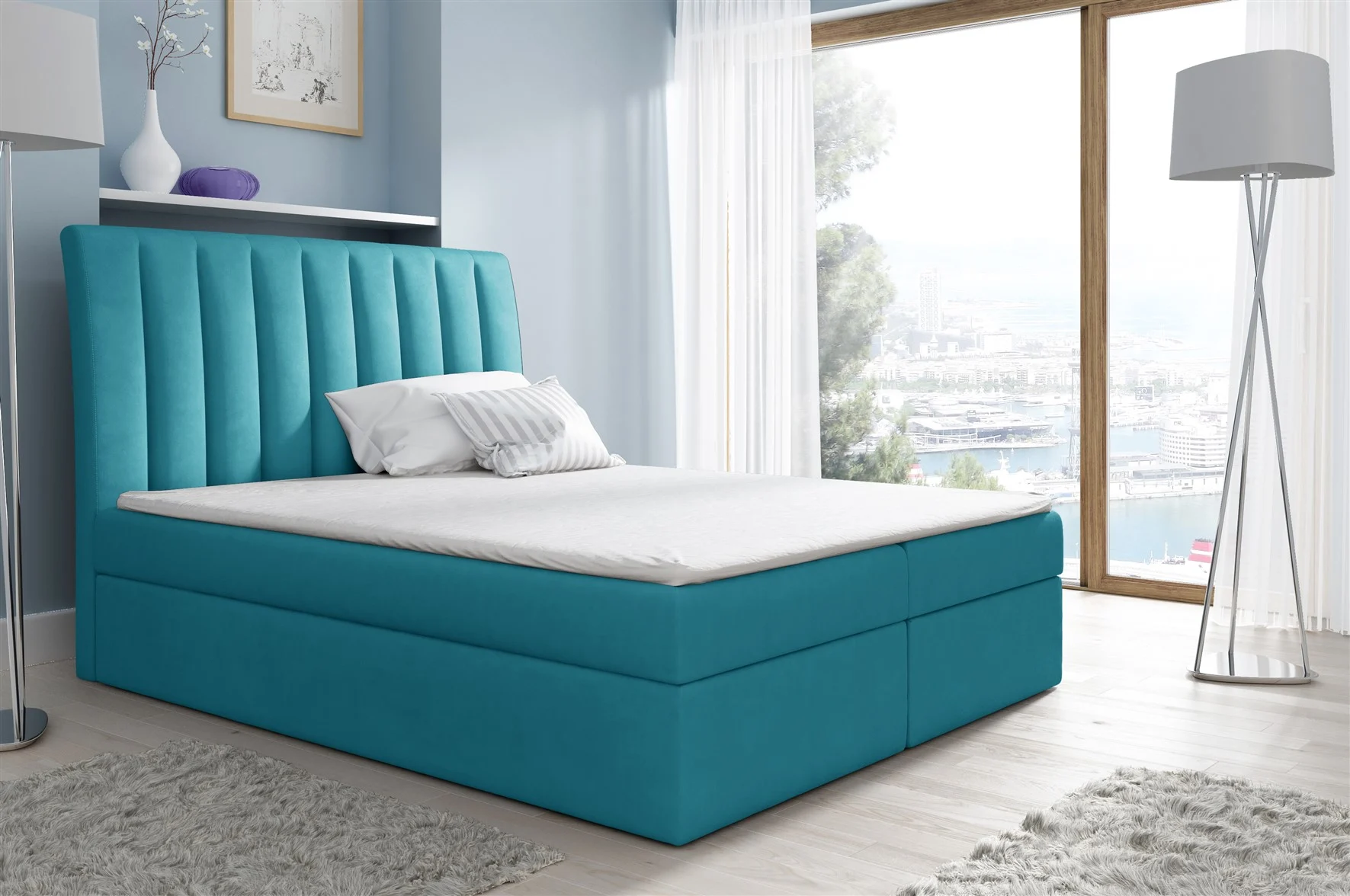 Boxspringbett Schlafzimmerbett MALENA 160x200cm Stoff Türkis - Fun Moebel