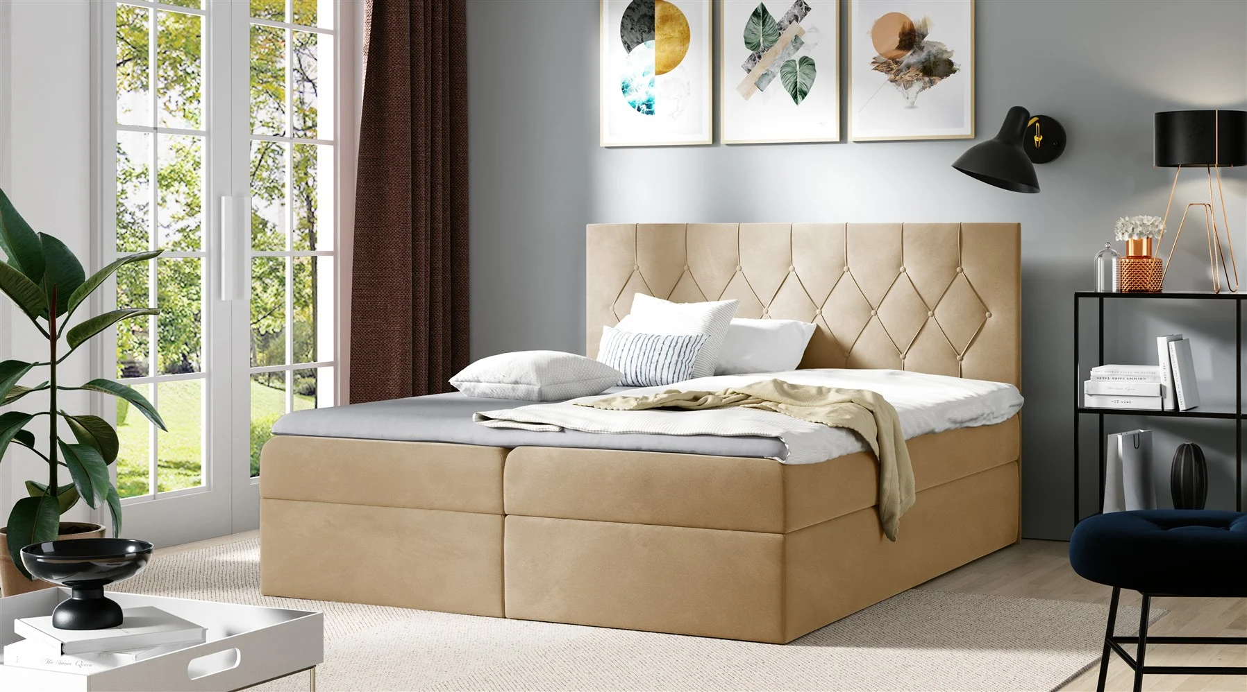 Boxspringbett Schlafzimmerbett MANOLIS 120x200cm Stoff Alova Senfgelb - Fun Moebel