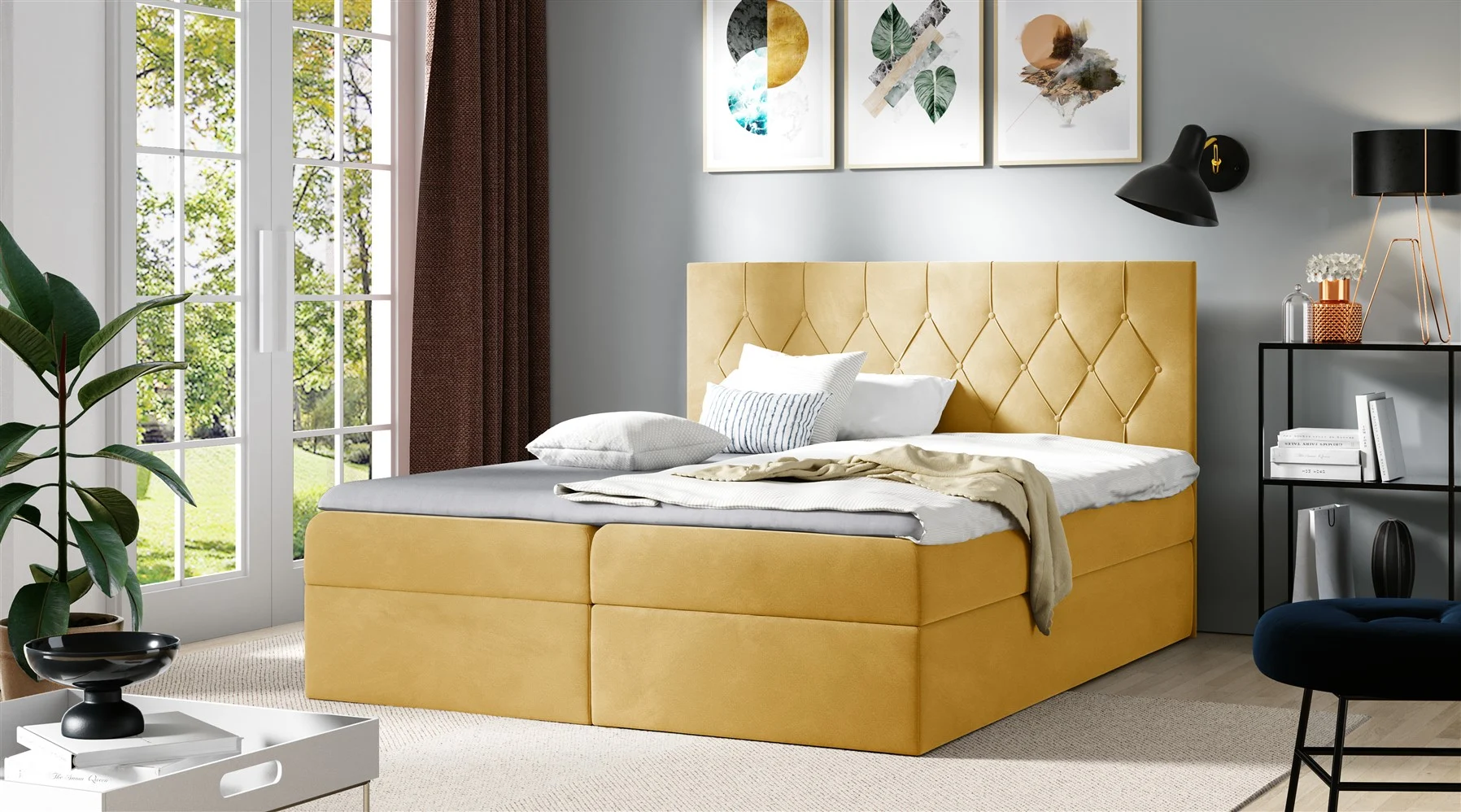 Boxspringbett Schlafzimmerbett MANOLIS 140x200cm Stoff Alova Gelb - Fun Moebel