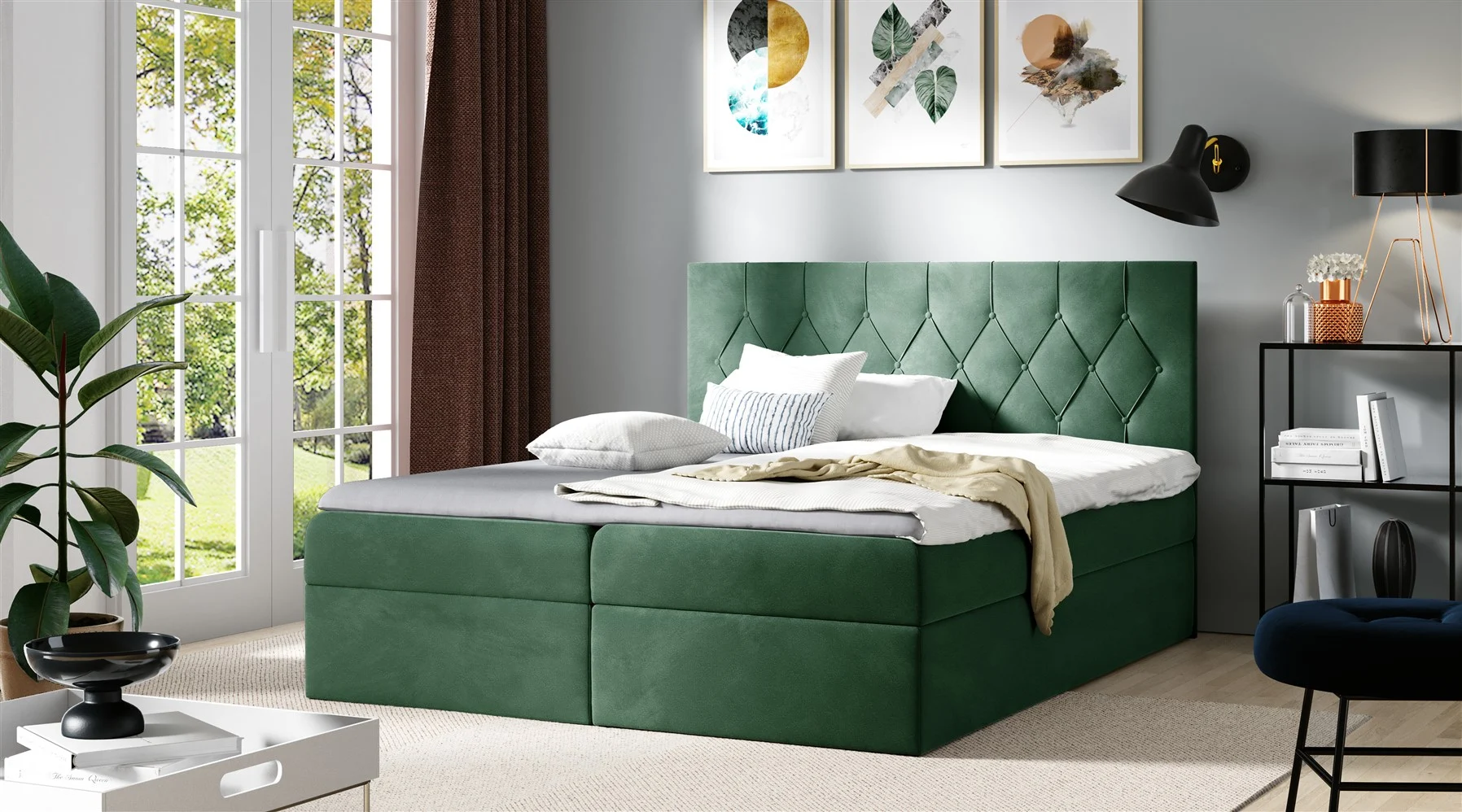 Boxspringbett Schlafzimmerbett MANOLIS 140x200cm Stoff Alova Grün - Fun Moebel