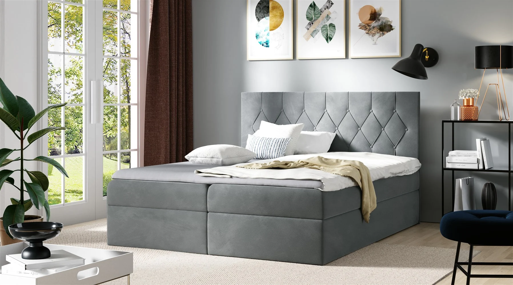 Boxspringbett Schlafzimmerbett MANOLIS 140x200cm Stoff Alova Grau - Fun Moebel