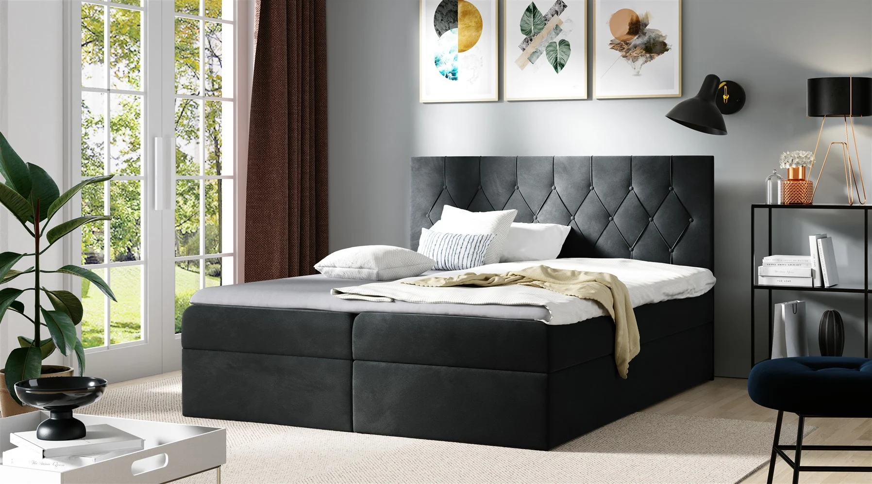Boxspringbett Schlafzimmerbett MANOLIS 120x200cm Stoff Alova Schwarz - Fun Moebel
