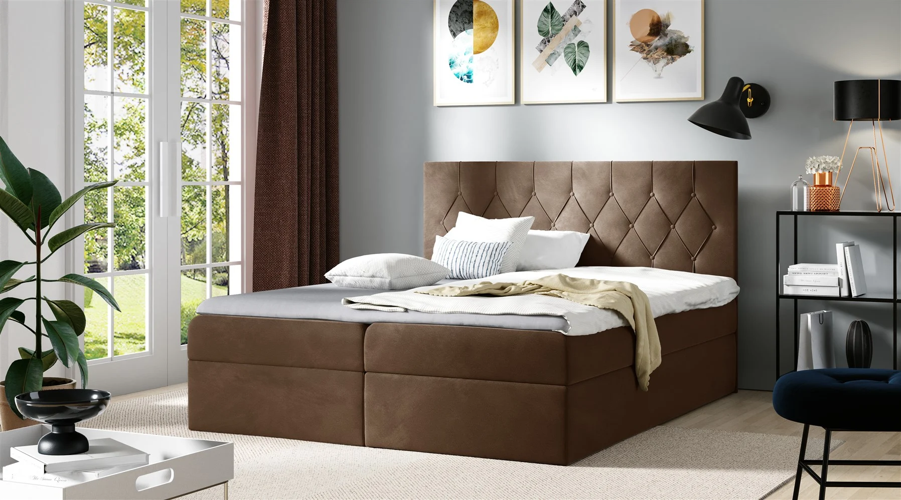 Boxspringbett Schlafzimmerbett MANOLIS 160x200cm Stoff Alova Braun - Fun Moebel