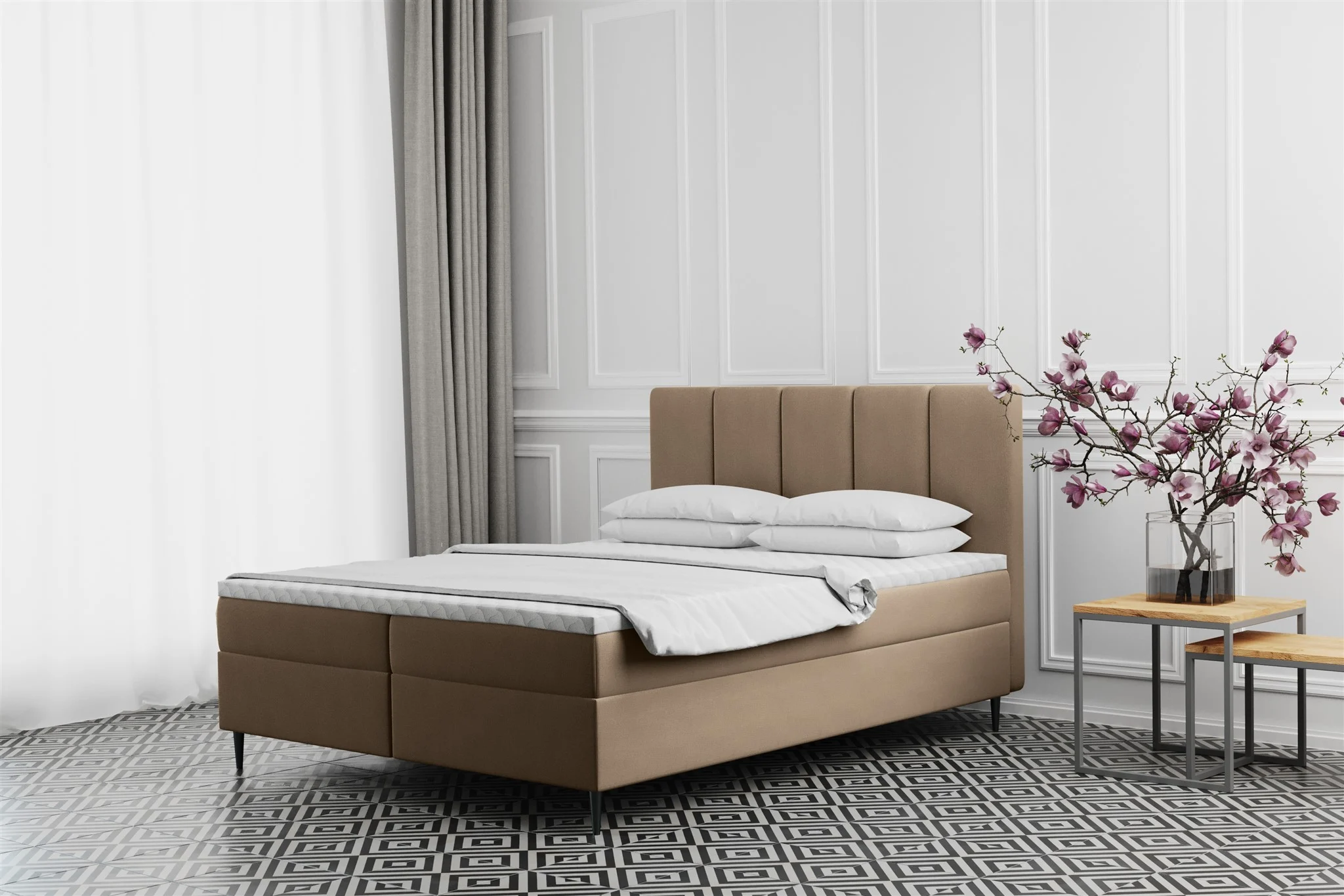 Boxspringbett Schlafzimmerbett MARAL 140x200cm in Stoff Monolith Hellbraun - Fun Moebel