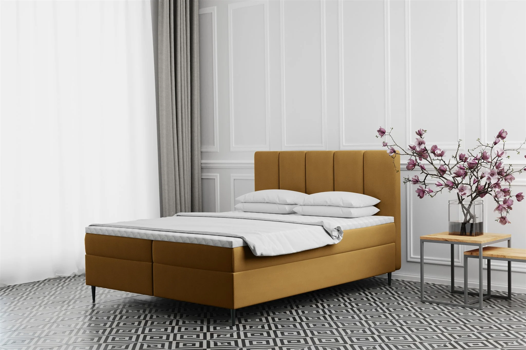 Boxspringbett Schlafzimmerbett MARAL 140x200cm in Stoff Monolith Senf - Fun Moebel