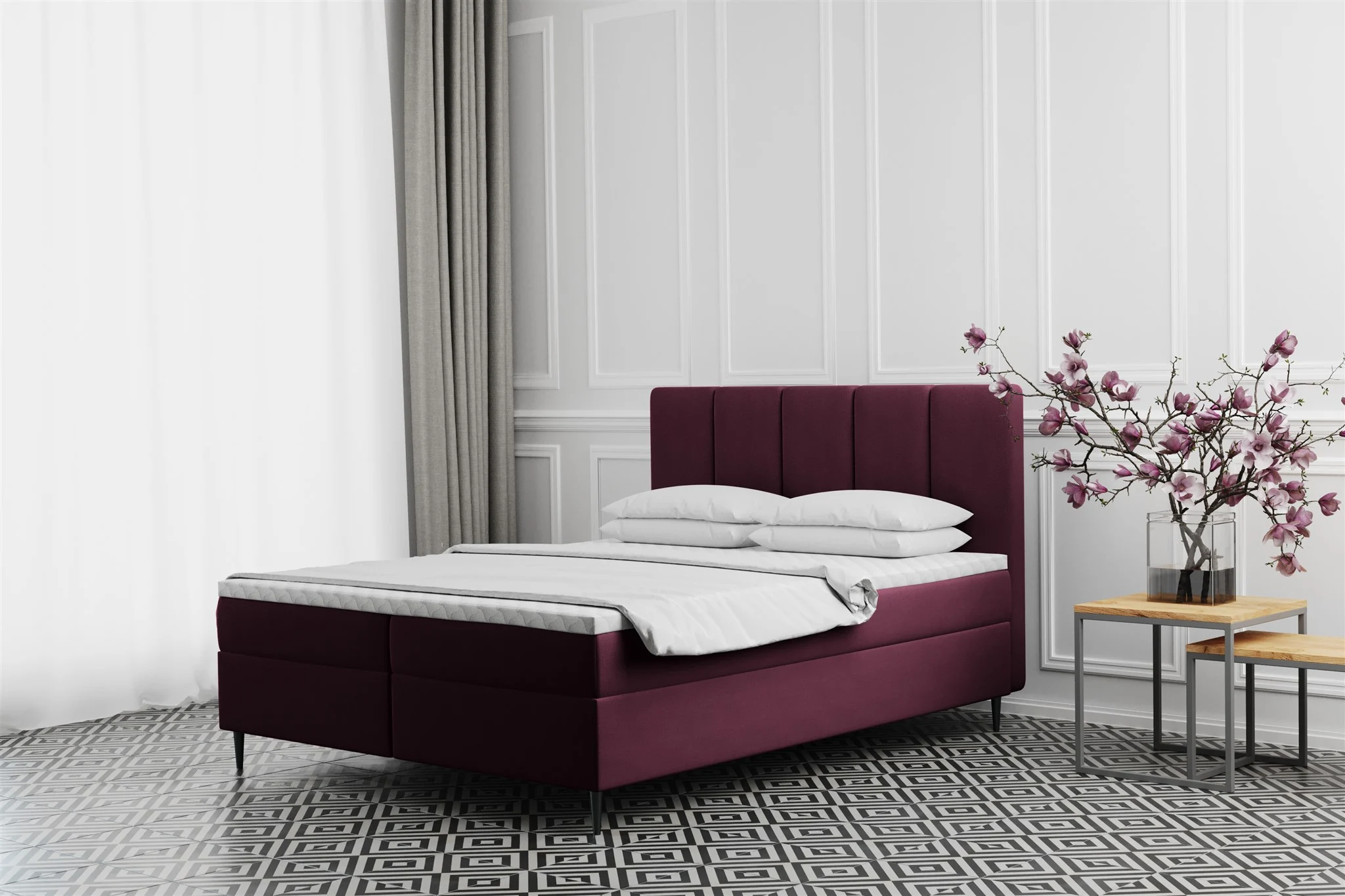 Boxspringbett Schlafzimmerbett MARAL 120x200cm in Stoff Monolith Purpurrot - Fun Moebel