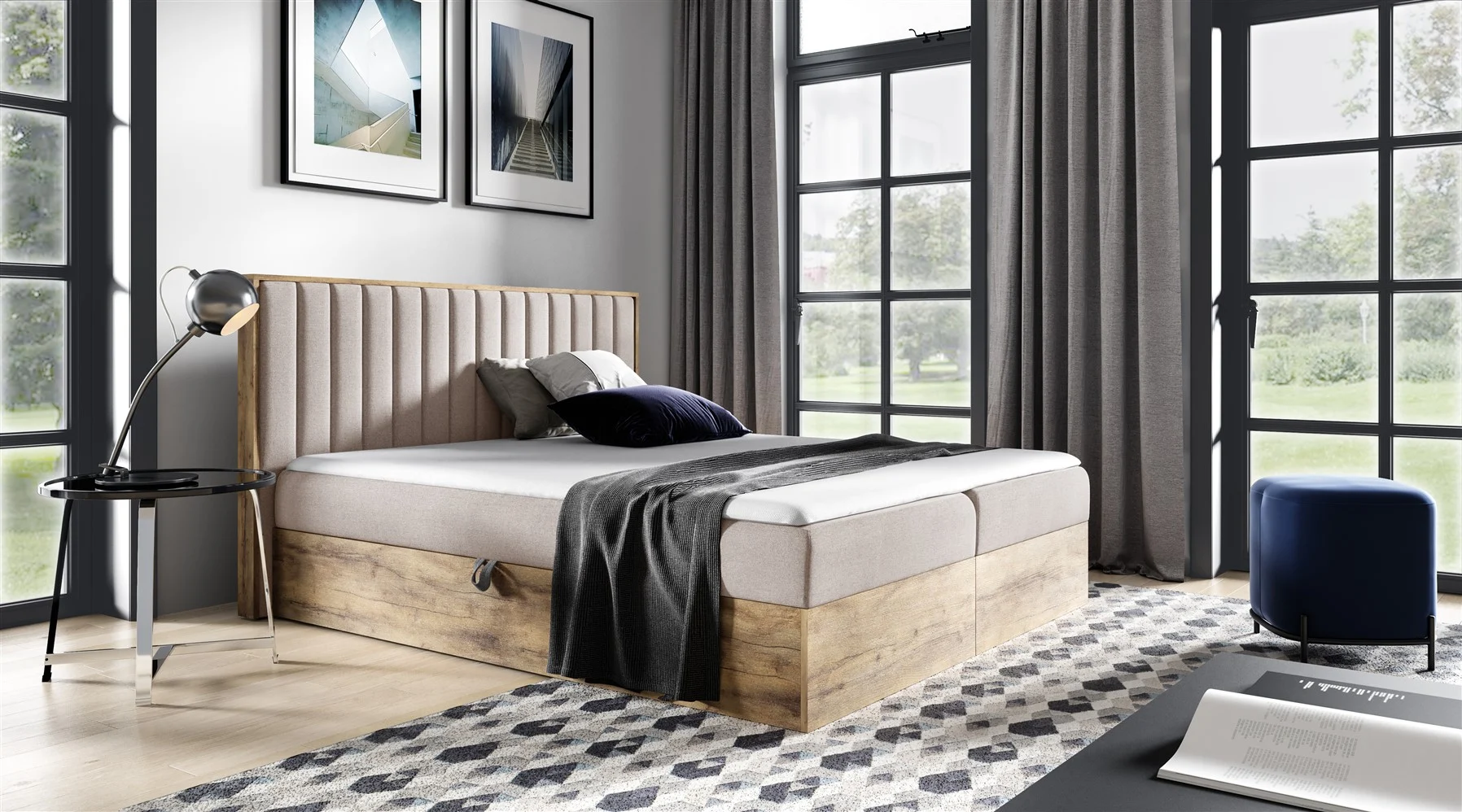 Boxspringbett Schlafzimmerbett MARCOS 140x200cm Stoff Beige inkl. Bettkasten - Fun Moebel